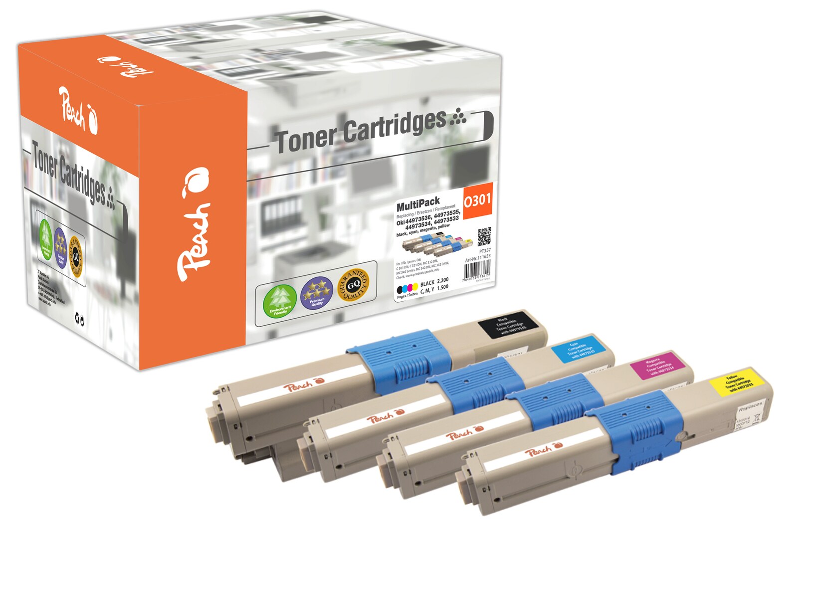 Peach O4496/47/97 4 Toner (bk, c/m/y) ersetzt OKI 44973533-6 für z.B. OKI C 301 DN, OKI C 321 DN, OKI MC 332 DN, OKI MC 340, OKI MC 342 DN (wiederaufbereitet)