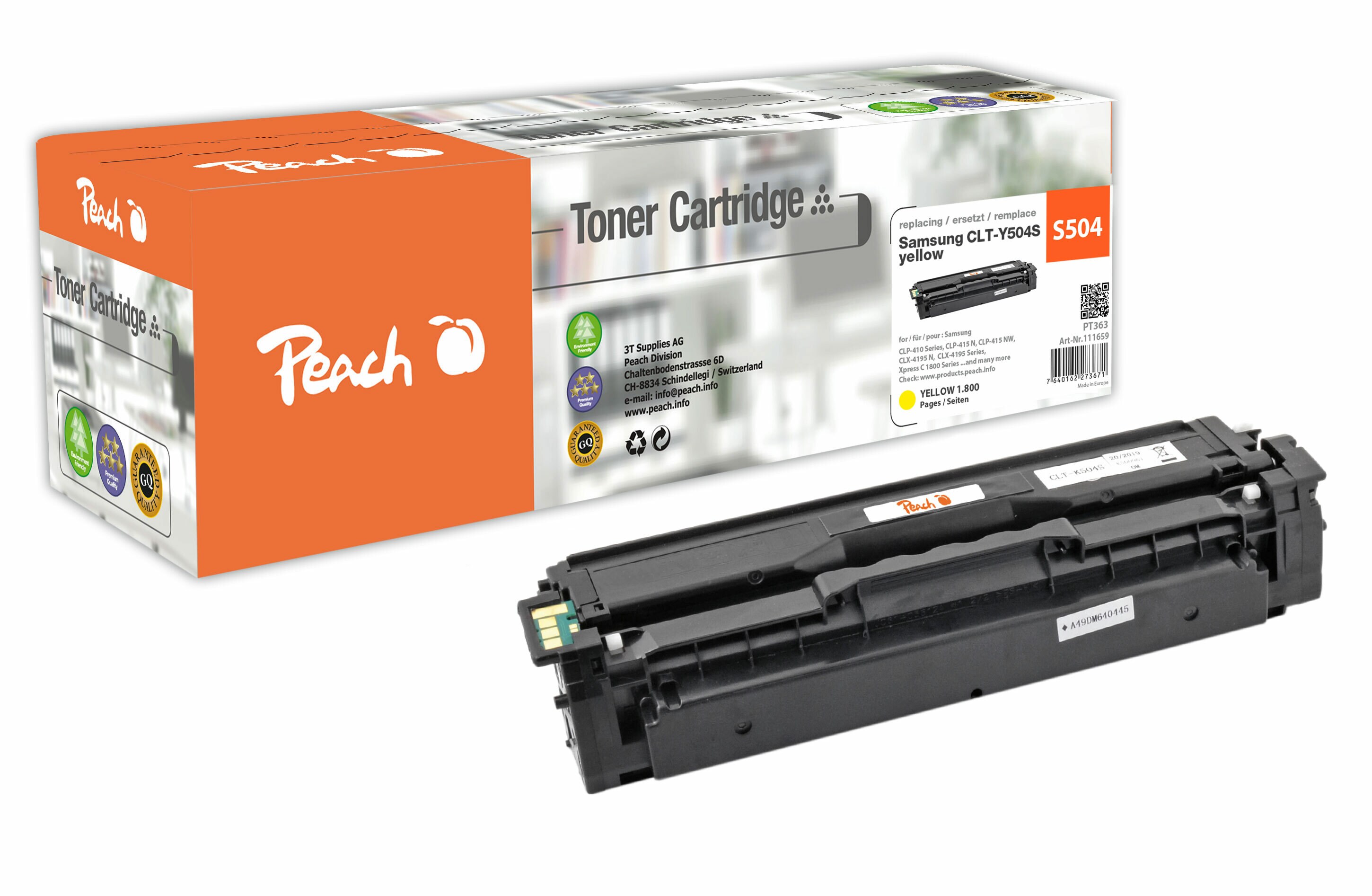 Peach S504  Toner ye ersetzt Samsung CLT-Y504S/ELS, SU502A f&uuml;r z.B. Samsung CLP -410, Samsung CLP -415 N, Samsung CLP -415 NW, Samsung CLX -4100 (wiederaufbereitet) - Bild 1