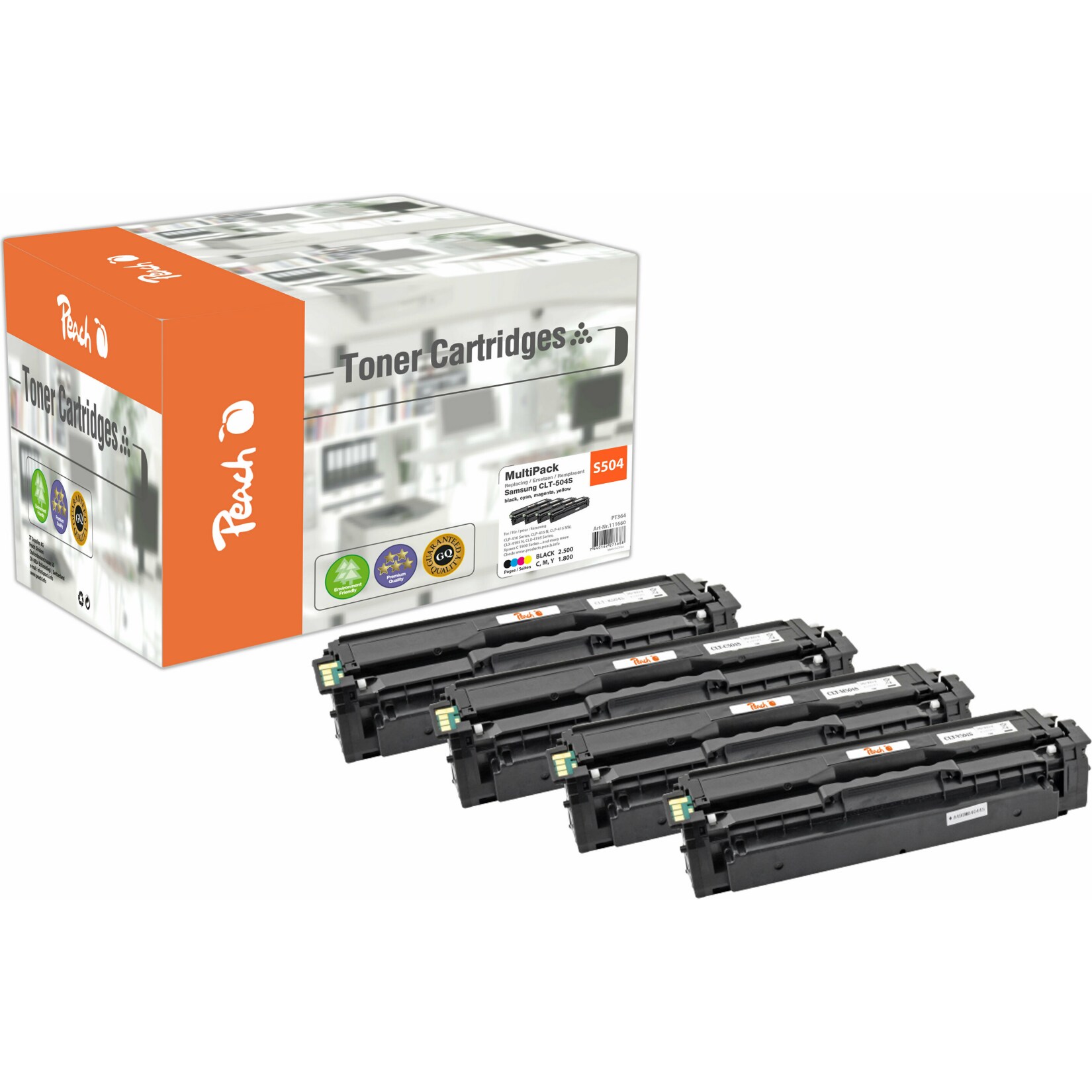 Peach S504  4 Toner (bk, c/m/y) ersetzt Samsung CLT-P504C, SU400A f&uuml;r z.B. Samsung CLP -410, Samsung CLP -415 N, Samsung CLP -415 NW (wiederaufbereitet) - Bild 1