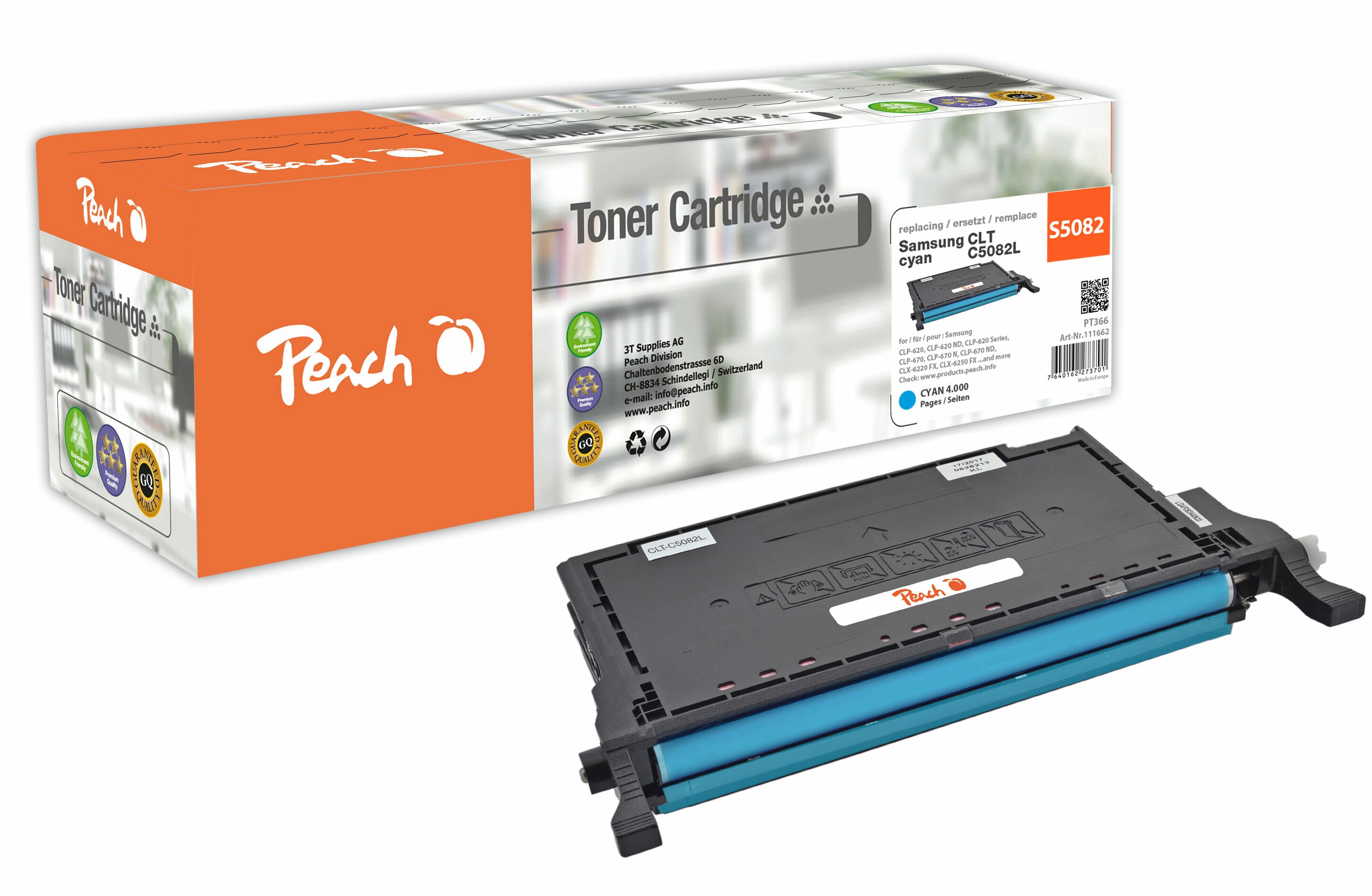 Peach S5082  Toner XL cy ersetzt Samsung CLT-C5082L/ELS, SU055A f&uuml;r z.B. Samsung CLP -620, Samsung CLP -620 ND, Samsung CLP -670 (wiederaufbereitet) - Bild 1