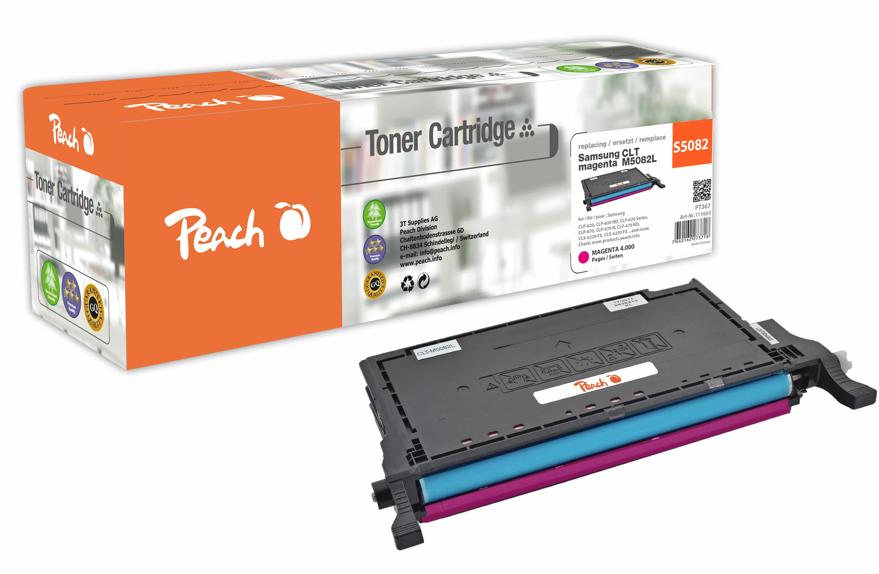 Peach S5082  Toner XL ma ersetzt Samsung CLT-M5082L/ELS, SU322A f&uuml;r z.B. Samsung CLP -620, Samsung CLP -620 ND, Samsung CLP -670 (wiederaufbereitet) - Bild 1