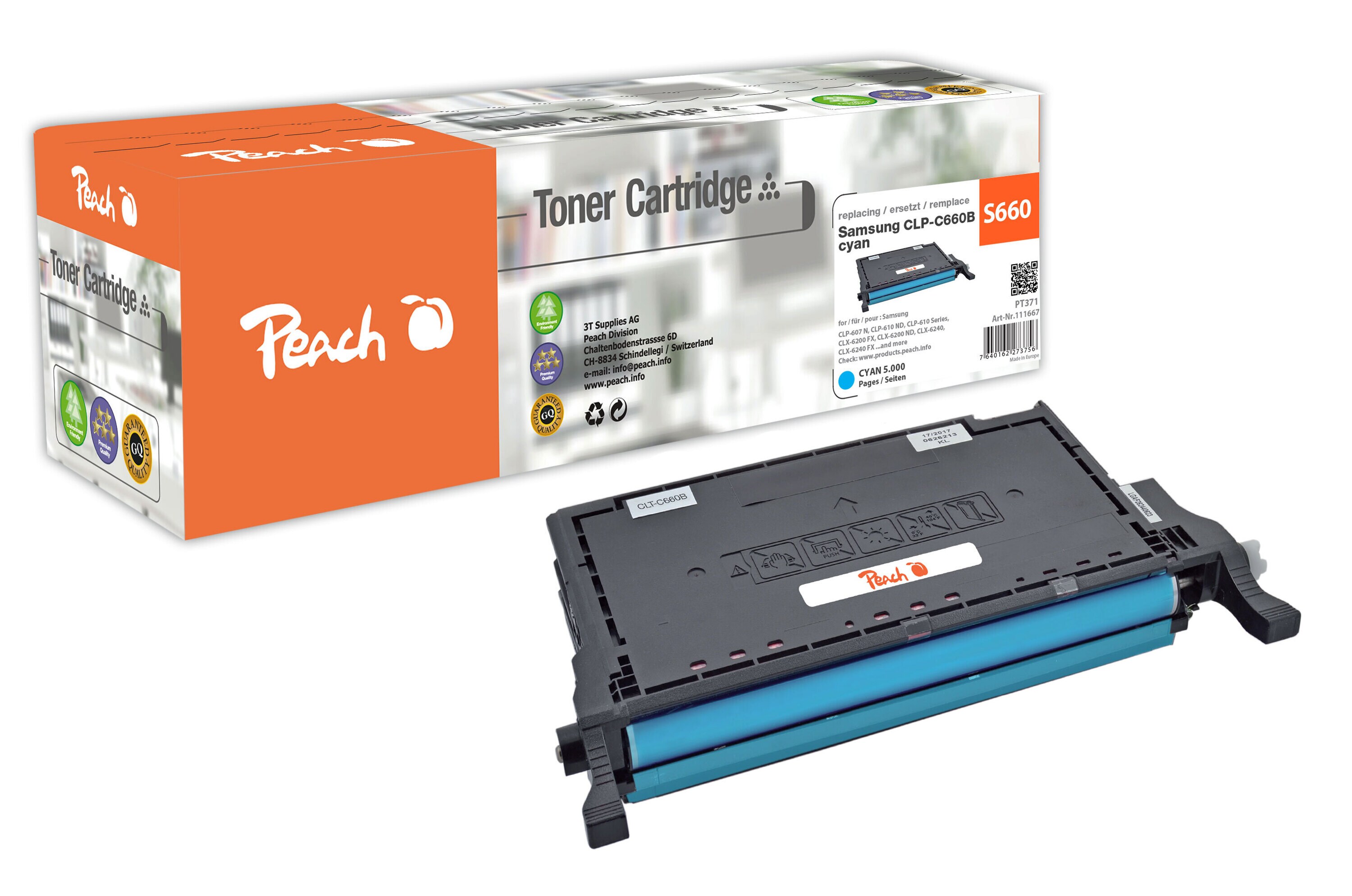 Peach S660  Toner XL cy ersetzt Samsung CLP-C660B/ELS, ST885A f&uuml;r z.B. Samsung CLP -607 N, Samsung CLP -610 ND, Samsung CLP -610 (wiederaufbereitet) - Bild 1
