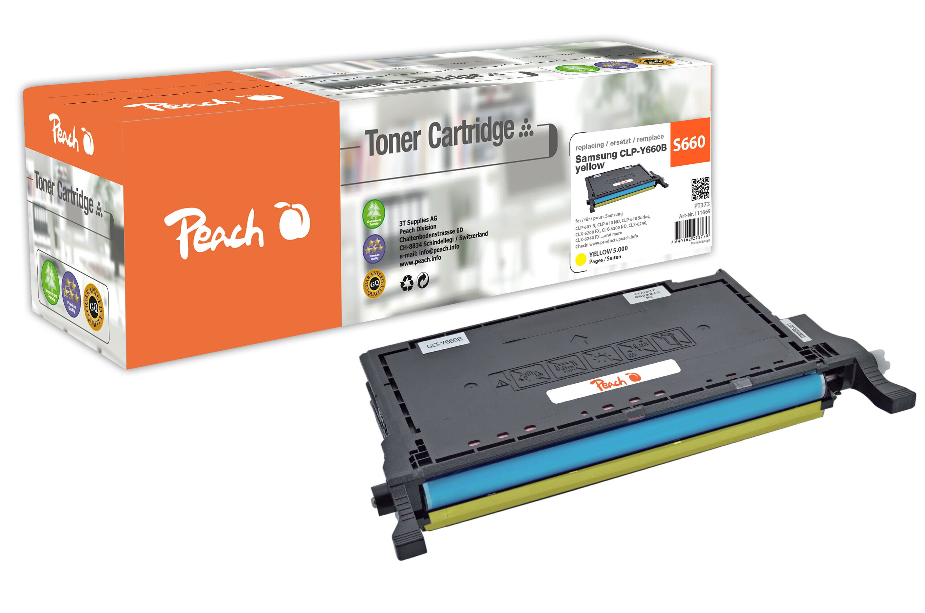 Peach S660  Toner XL ye ersetzt Samsung CLP-Y660B/ELS, ST959A f&uuml;r z.B. Samsung CLP -607 N, Samsung CLP -610 ND, Samsung CLP -610 (wiederaufbereitet) - Bild 1