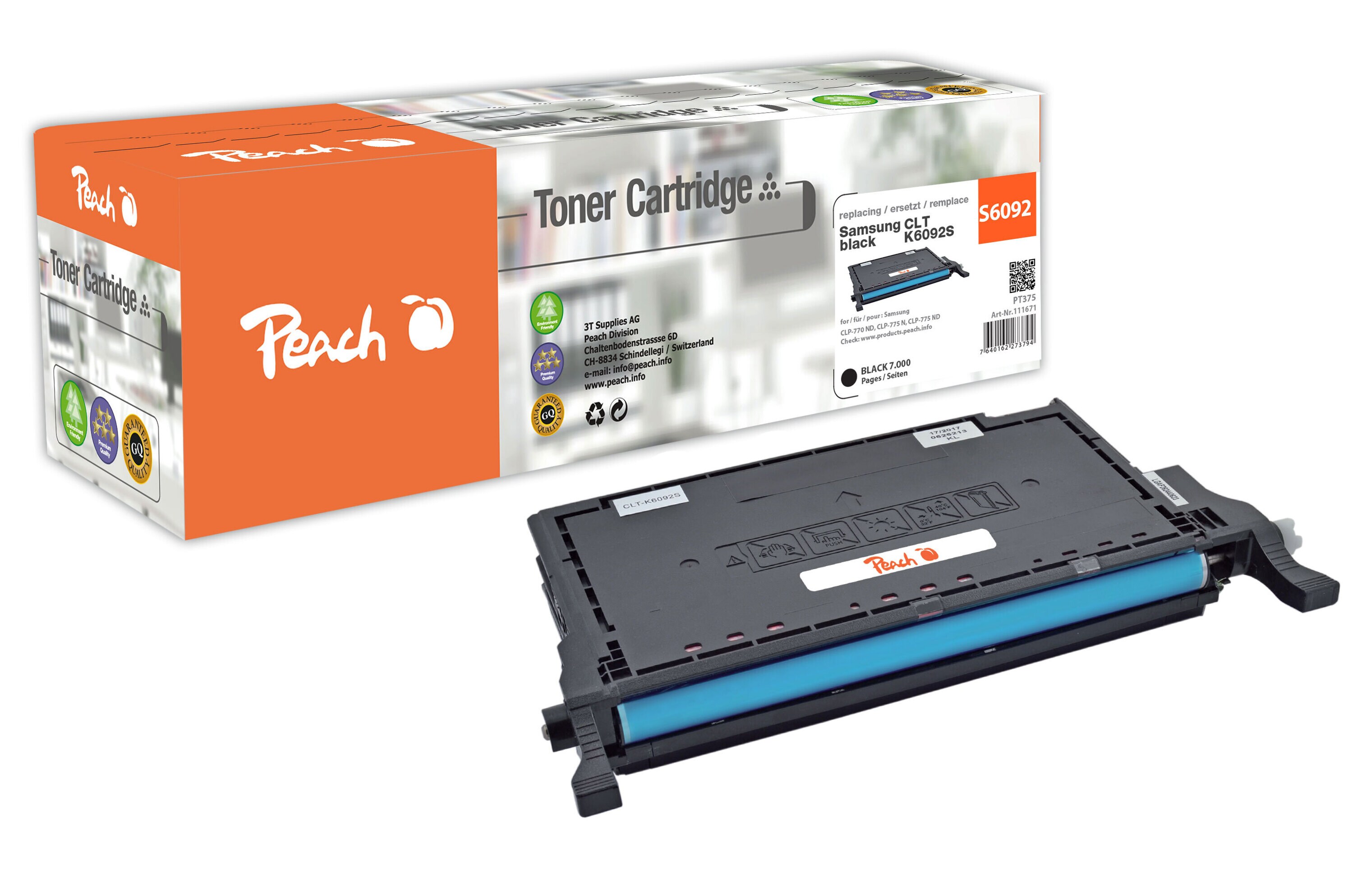 Peach S609  Toner bk ersetzt Samsung CLT-K6092S/ELS, SU216A f&uuml;r z.B. Samsung CLP -770 ND, Samsung CLP -775 ND, Samsung CLP -775 N (wiederaufbereitet) - Bild 1