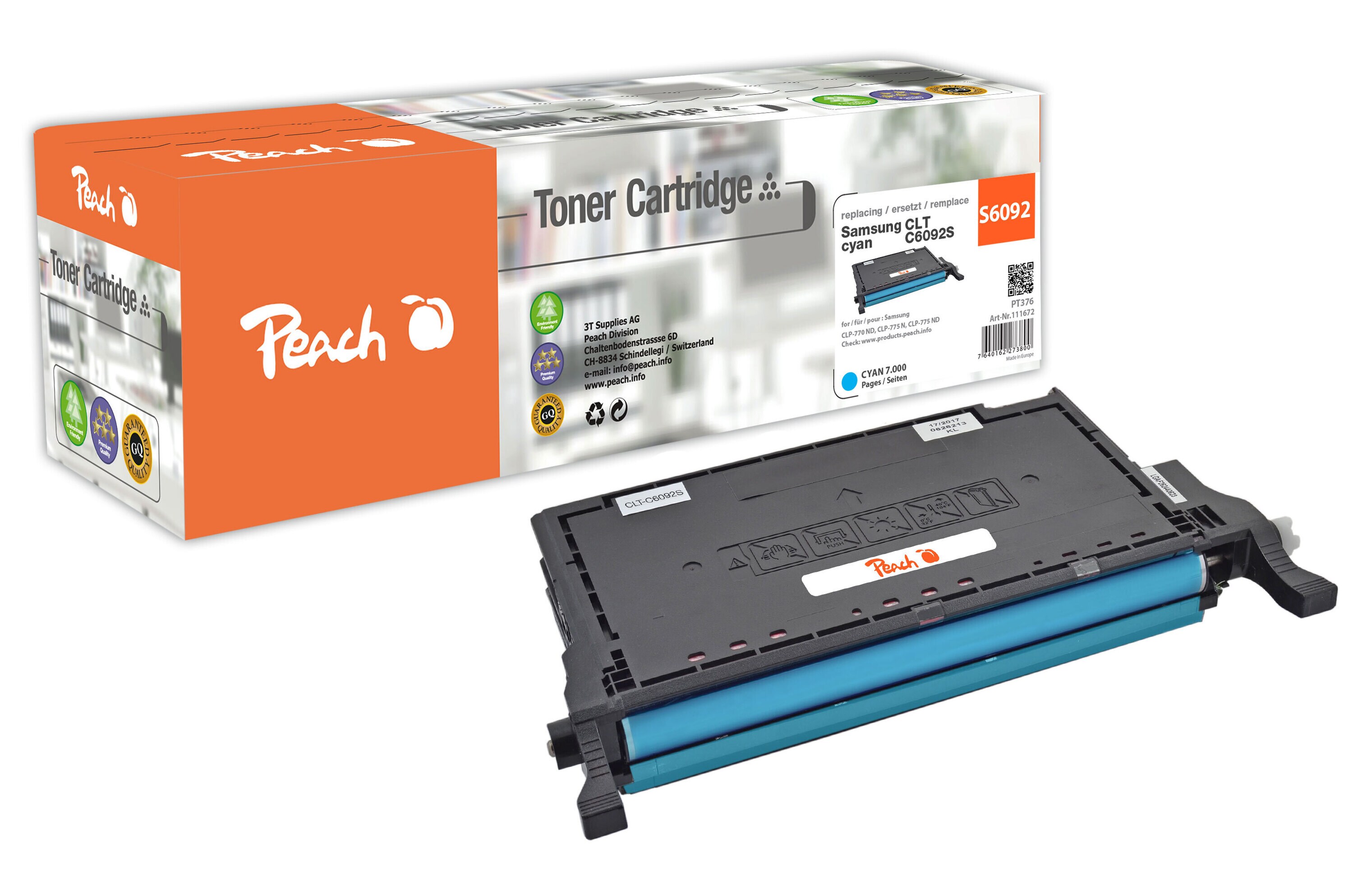 Peach S609  Toner cy ersetzt Samsung CLT-C6092S/ELS, SU082A f&uuml;r z.B. Samsung CLP -770 ND, Samsung CLP -775 ND, Samsung CLP -775 N (wiederaufbereitet) - Bild 1