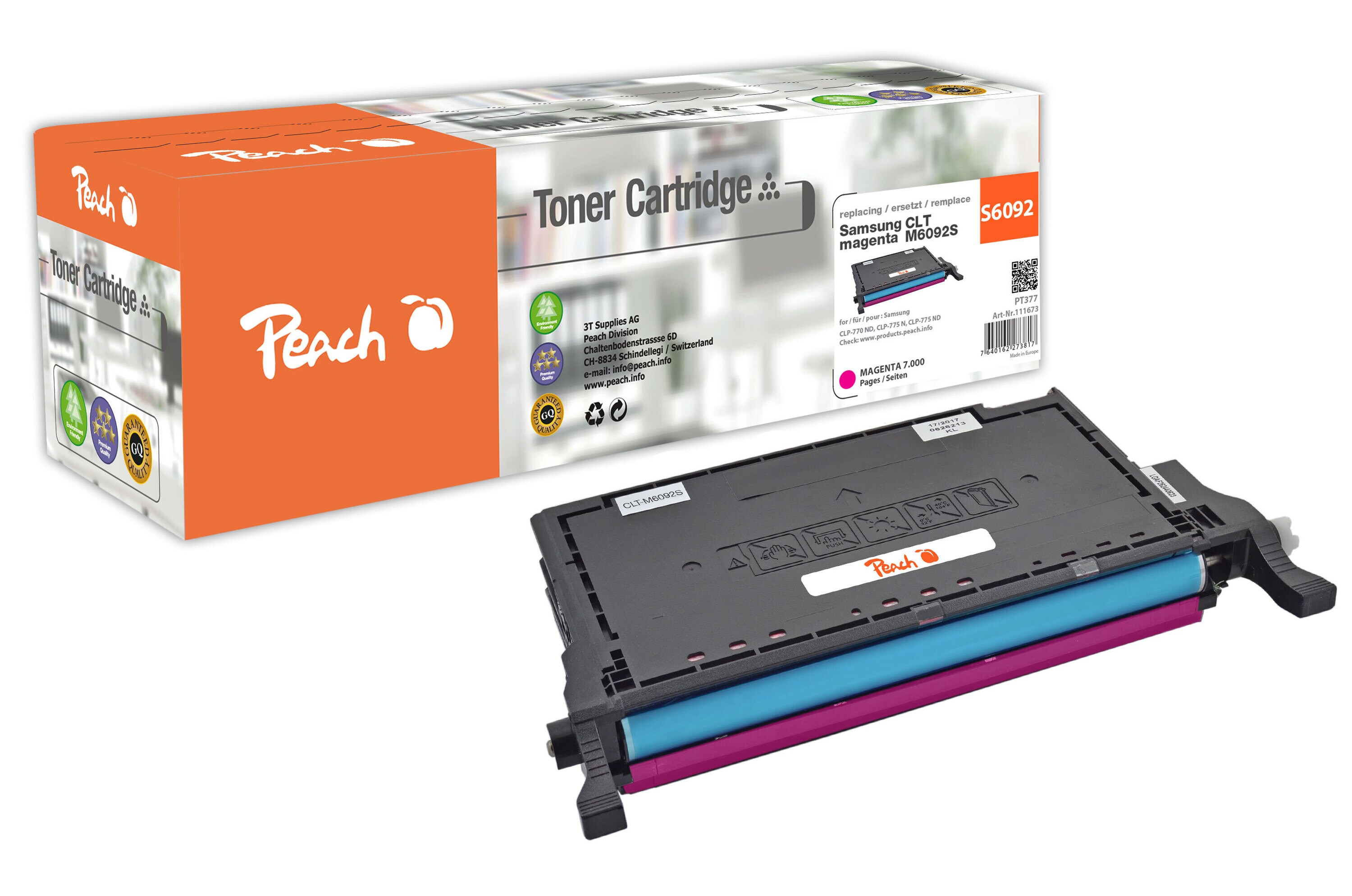 Peach S609  Toner ma ersetzt Samsung CLT-M6092S/ELS, SU348A f&uuml;r z.B. Samsung CLP -770 ND, Samsung CLP -775 ND, Samsung CLP -775 N (wiederaufbereitet) - Bild 1