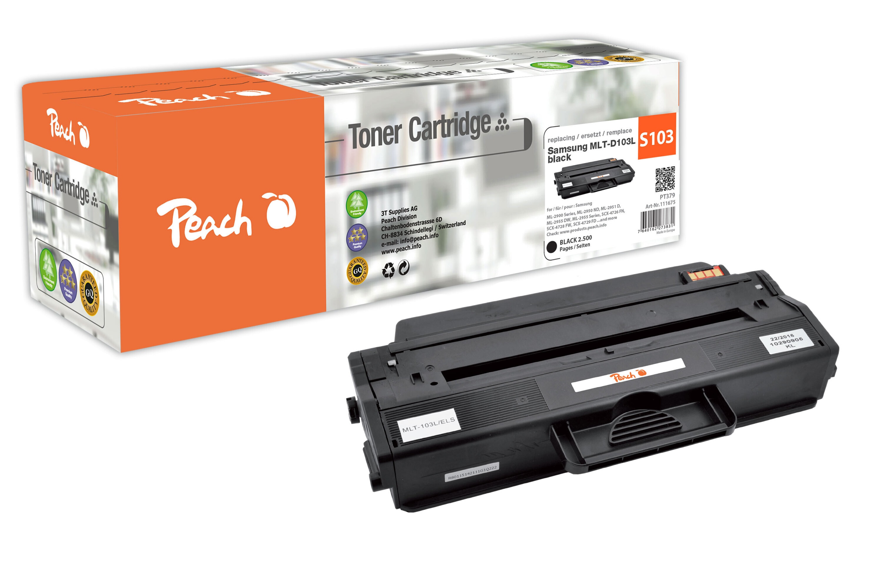 Peach S103  Toner XL bk ersetzt Samsung MLT-D103L f&uuml;r z.B. Samsung ML -2900, Samsung ML -2950 ND, Samsung ML -2950 NDR, Samsung ML -2951 D (wiederaufbereitet) - Bild 1