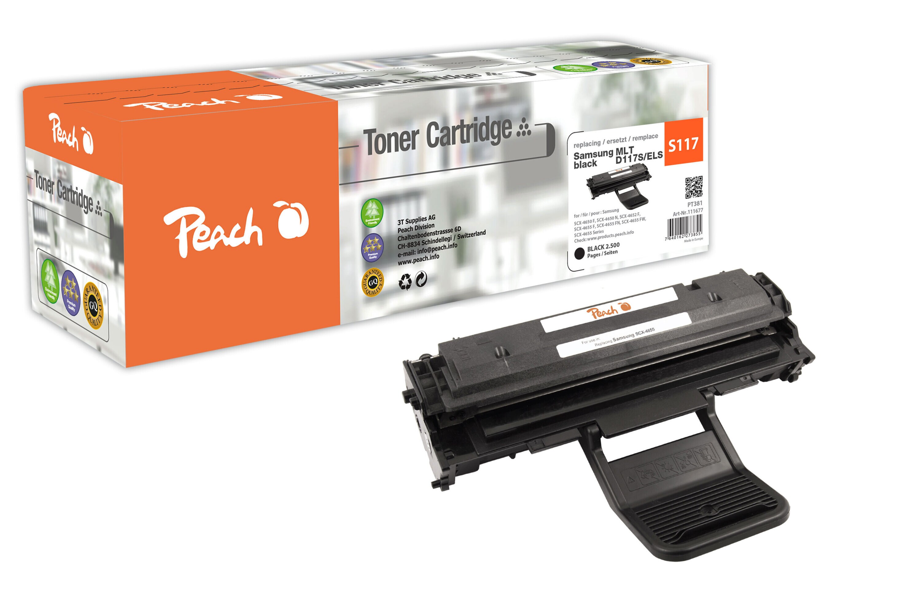 Peach S117  Toner bk ersetzt Samsung MLT-D117S/ELS f&uuml;r z.B. Samsung SCX -4650 F, Samsung SCX -4650 N, Samsung SCX -4652 F, Samsung SCX -4655 F (wiederaufbereitet) - Bild 1