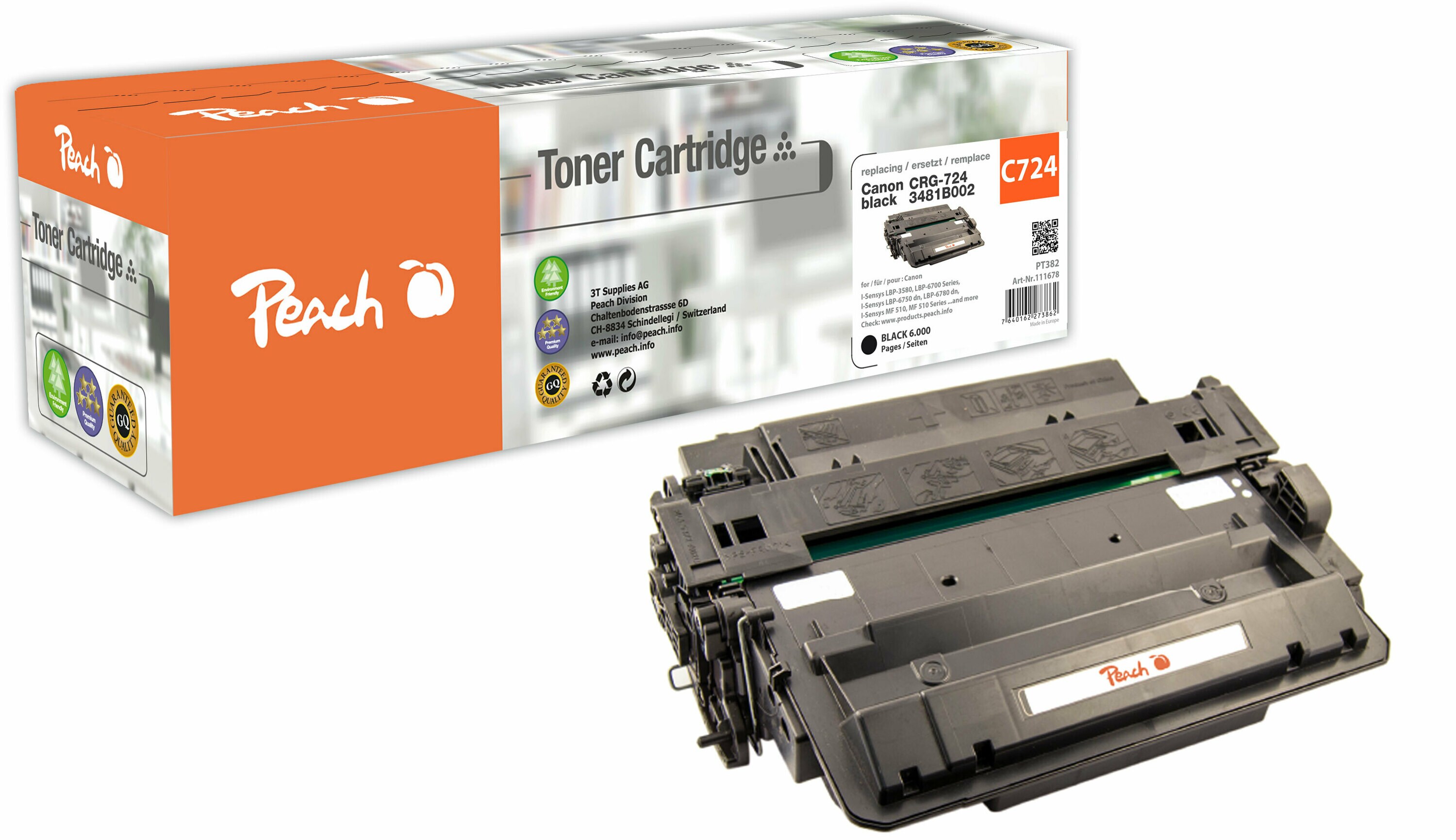 Peach HP 724 BK Toner bk ersetzt Canon CRG-724 BK, 3481B002 f&uuml;r z.B. Canon ISensys LBP -3580, Canon ISensys LBP -6700, Canon ISensys LBP -6750 dn (wiederaufbereitet) - Bild 1