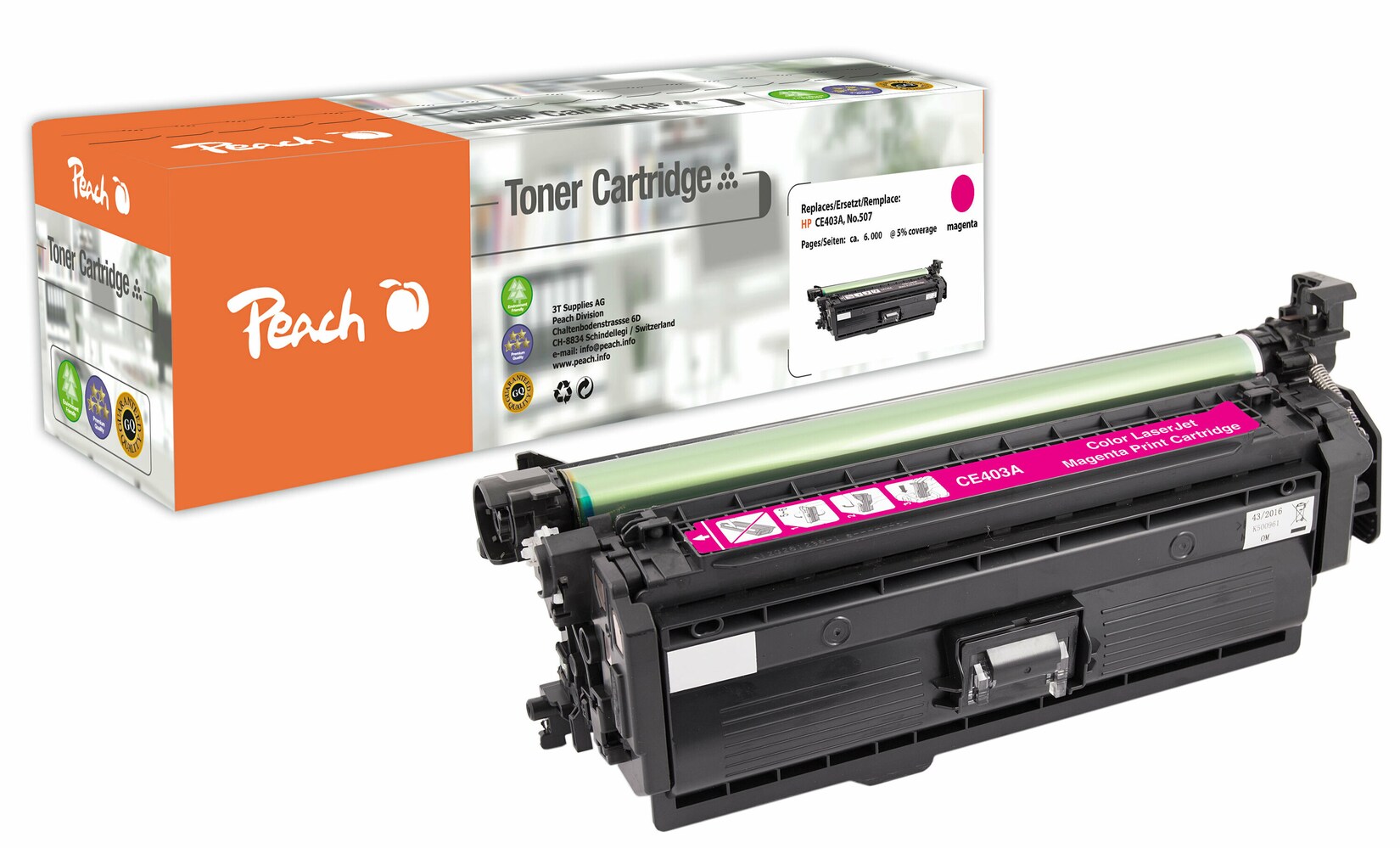 Peach HP 507 AM Toner ma ersetzt HP No. 507A M, CE403A für z.B. HP LaserJet Enterprise 500 color M 551 dn, HP LaserJet Enterprise 500 color M 551 n (wiederaufbereitet)