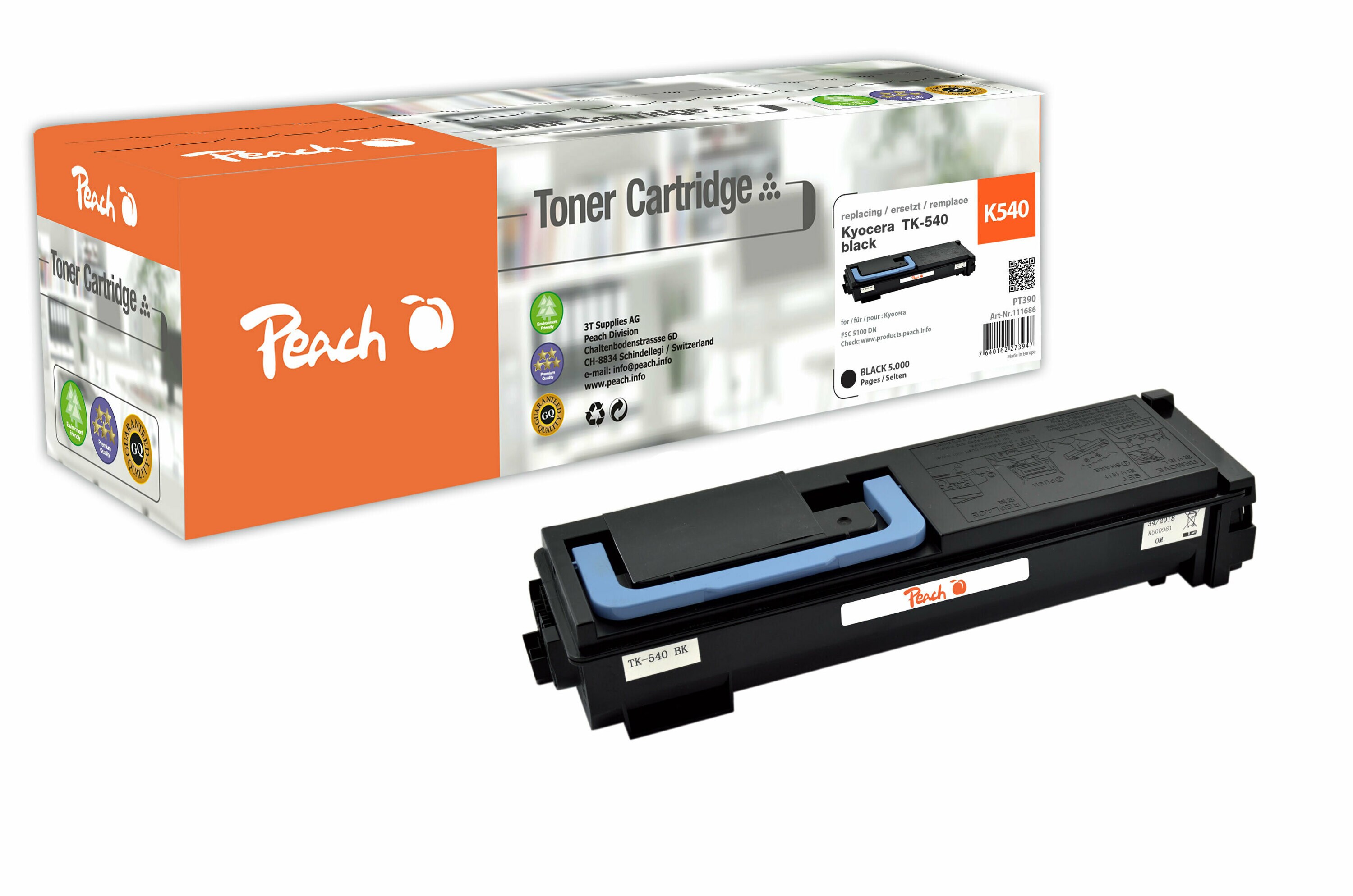 Peach K540 K Toner bk ersetzt Kyocera TK-540K f&uuml;r z.B. Kyocera FSC 5100 DN (wiederaufbereitet) - Bild 1