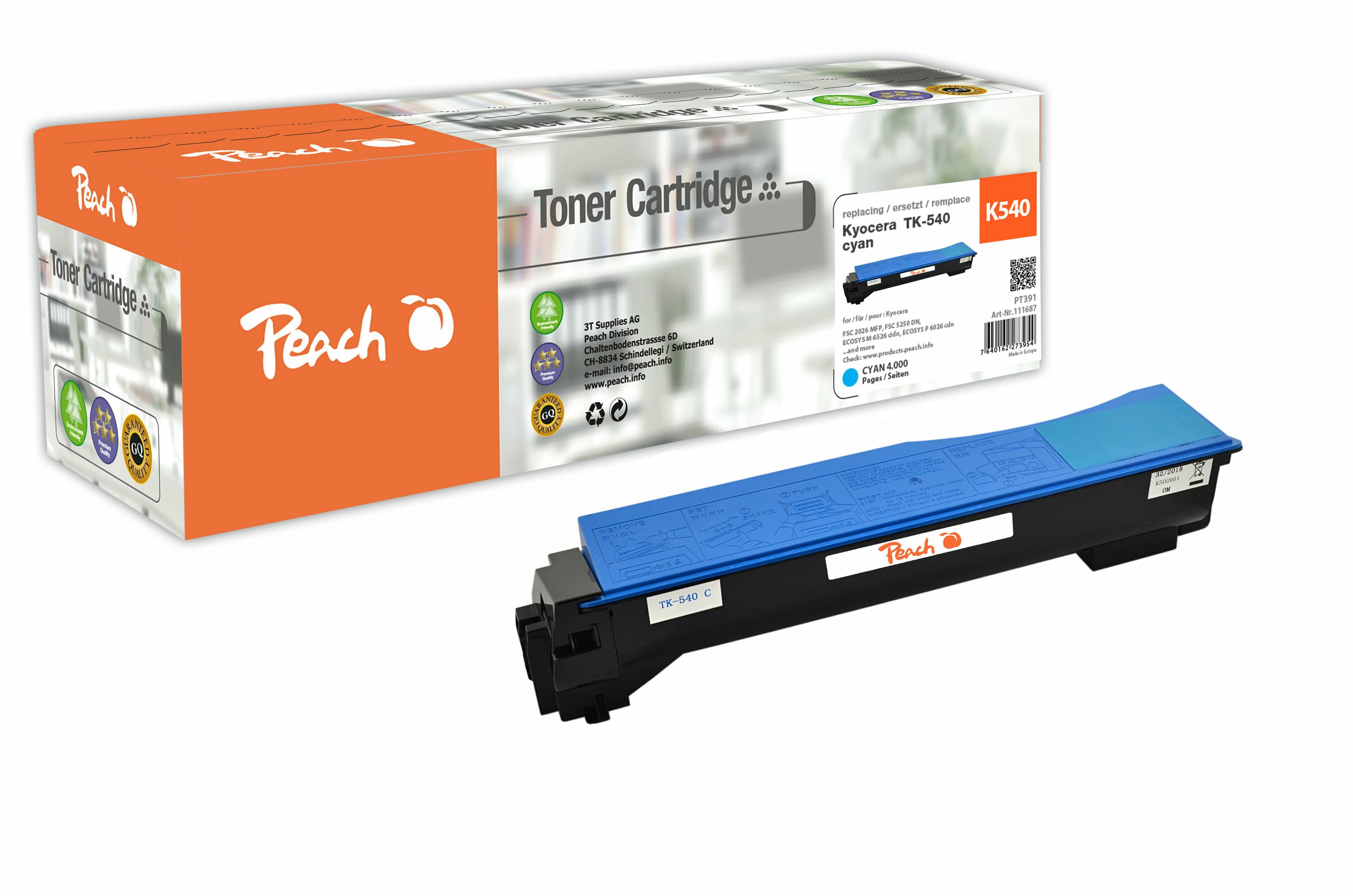 Peach K540 C Toner cy ersetzt Kyocera TK-540C f&uuml;r z.B. Kyocera FSC 5100 DN (wiederaufbereitet) - Bild 1