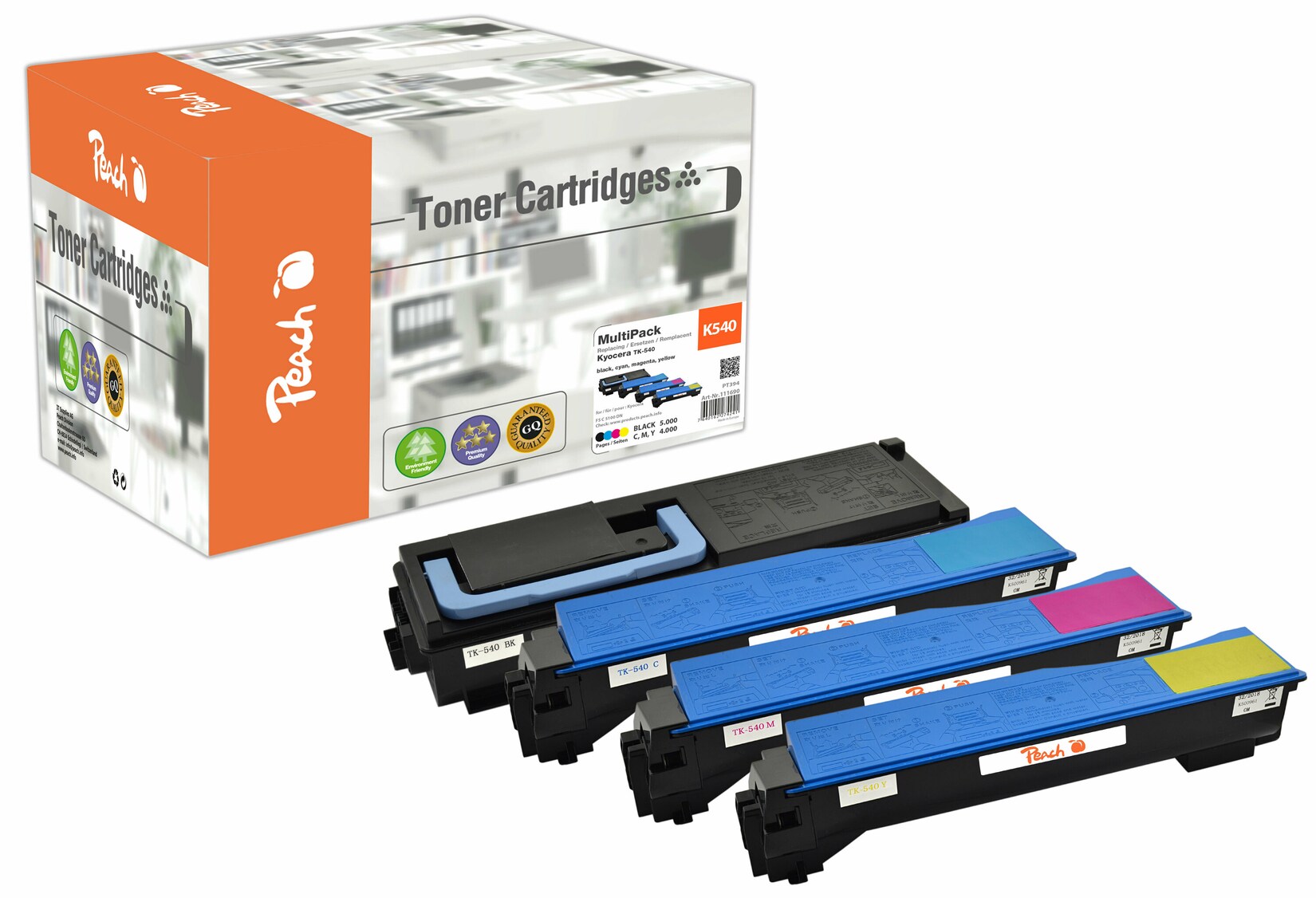 Peach K540 4 Toner (bk, c/m/y) ersetzt Kyocera TK-540 für z.B. Kyocera FSC 5100 DN (wiederaufbereitet)