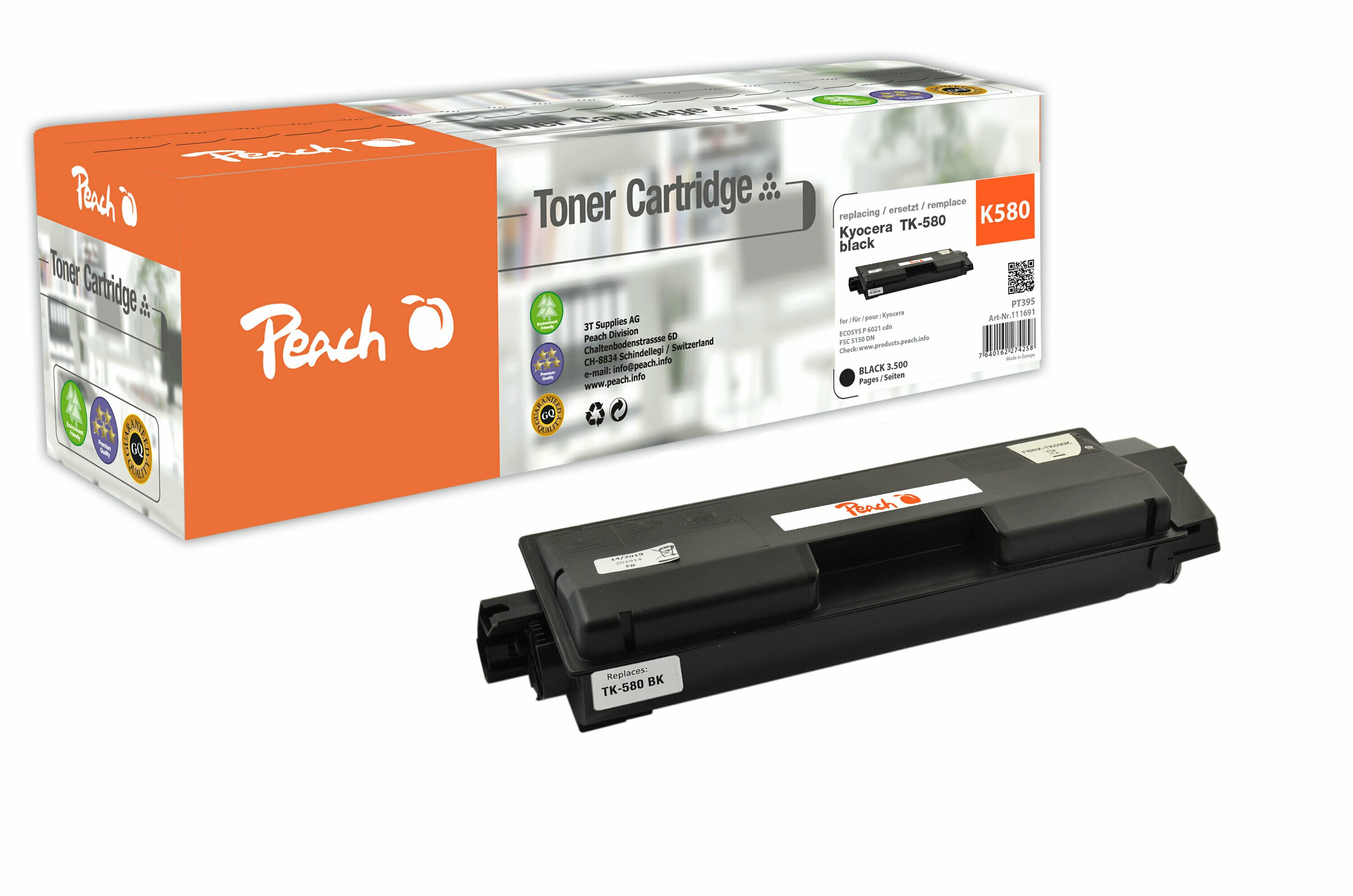 Peach K580 K Toner bk ersetzt Kyocera TK-580K f&uuml;r z.B. Kyocera ECOSYS P 6021 cdn, Kyocera FSC 5150 DN (wiederaufbereitet) - Bild 1