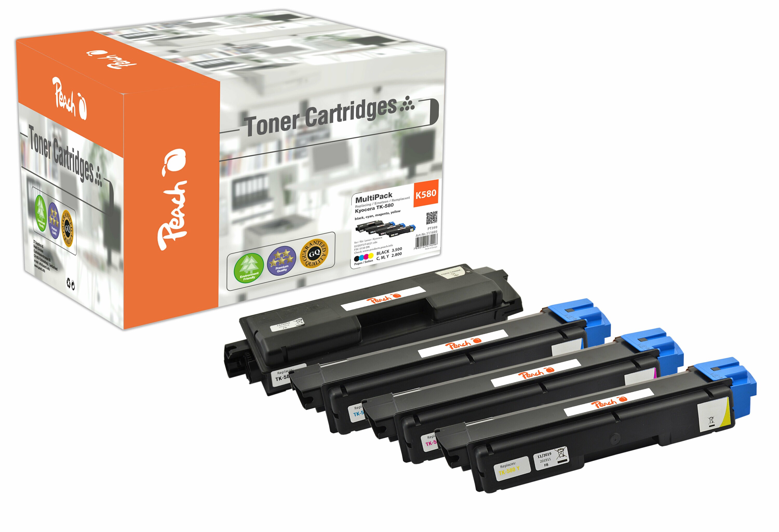 Peach K580  4 Toner (bk, c/m/y) ersetzt Kyocera TK-580 f&uuml;r z.B. Kyocera ECOSYS P 6021 cdn, Kyocera FSC 5150 DN (wiederaufbereitet) - Bild 1