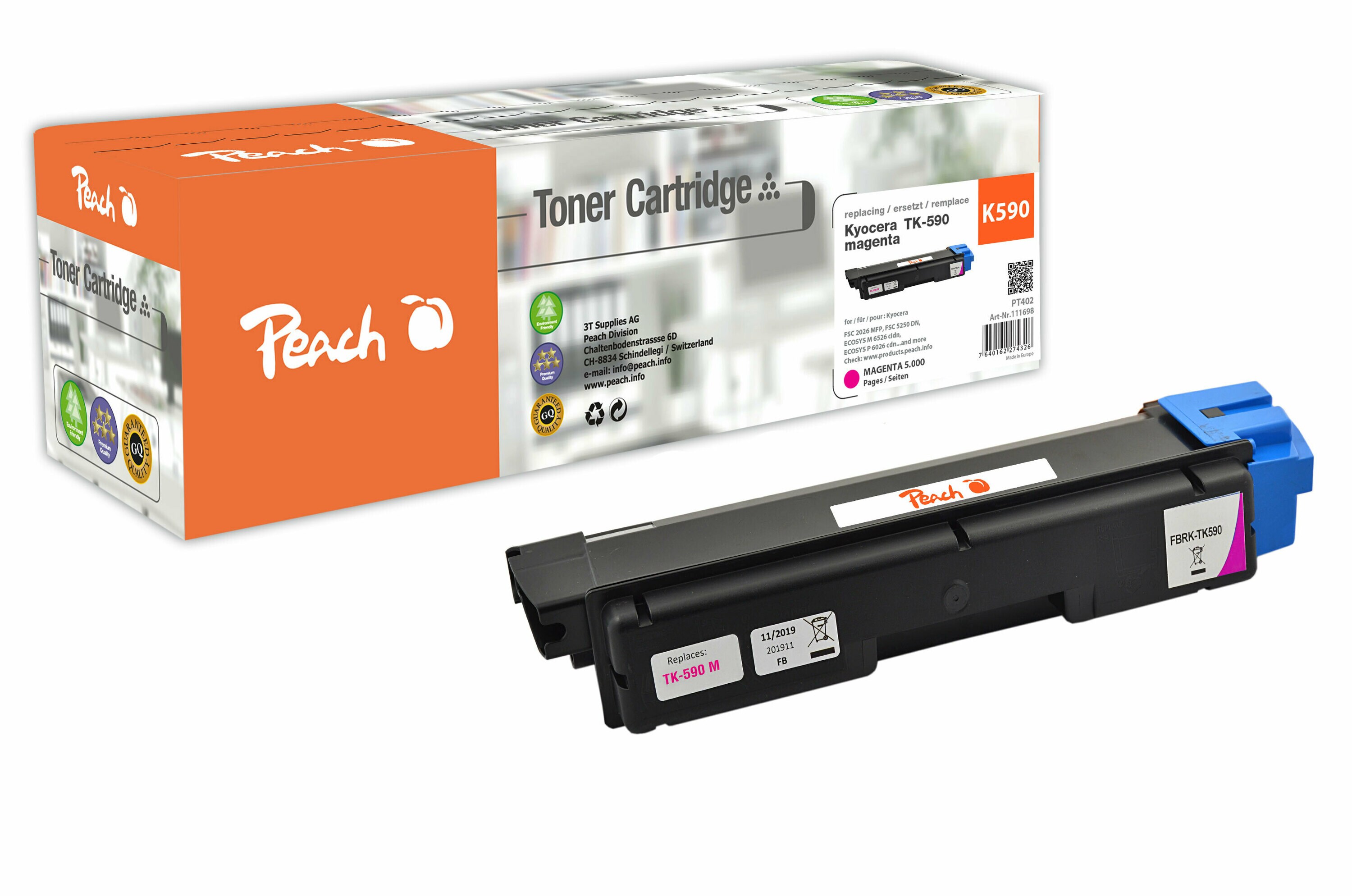 Peach K590 M Toner ma ersetzt Kyocera TK-590M f&uuml;r z.B. Kyocera ECOSYS M 6026 cdn, Kyocera ECOSYS M 6026 cidn, Kyocera ECOSYS M 6526 cdn (wiederaufbereitet) - Bild 1