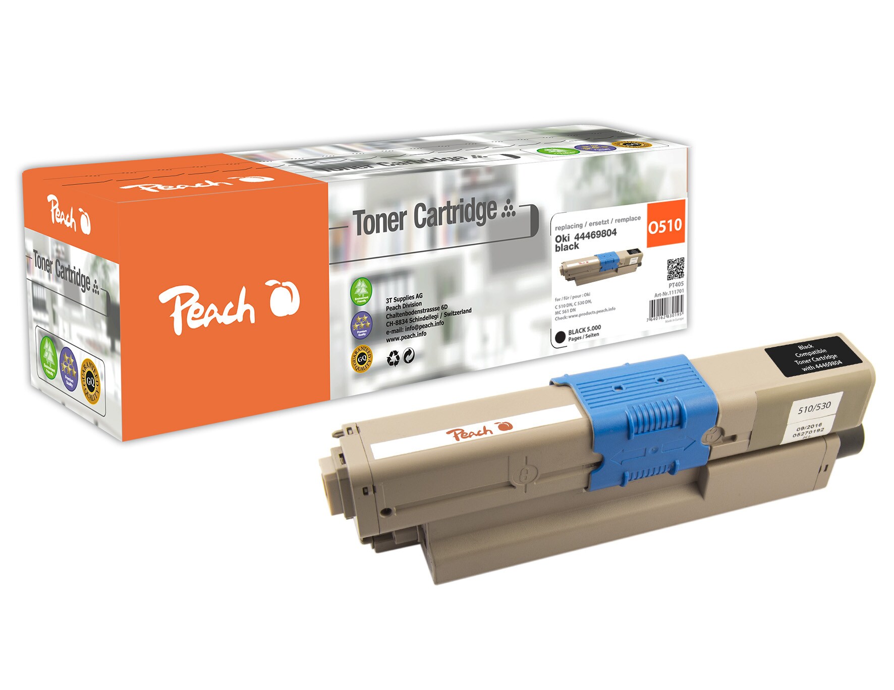 Peach O4446/4449 Toner XL bk ersetzt OKI 44469804 f&uuml;r z.B. OKI C 510 DN, OKI C 530 DN, OKI MC 561 DN (wiederaufbereitet) - Bild 1