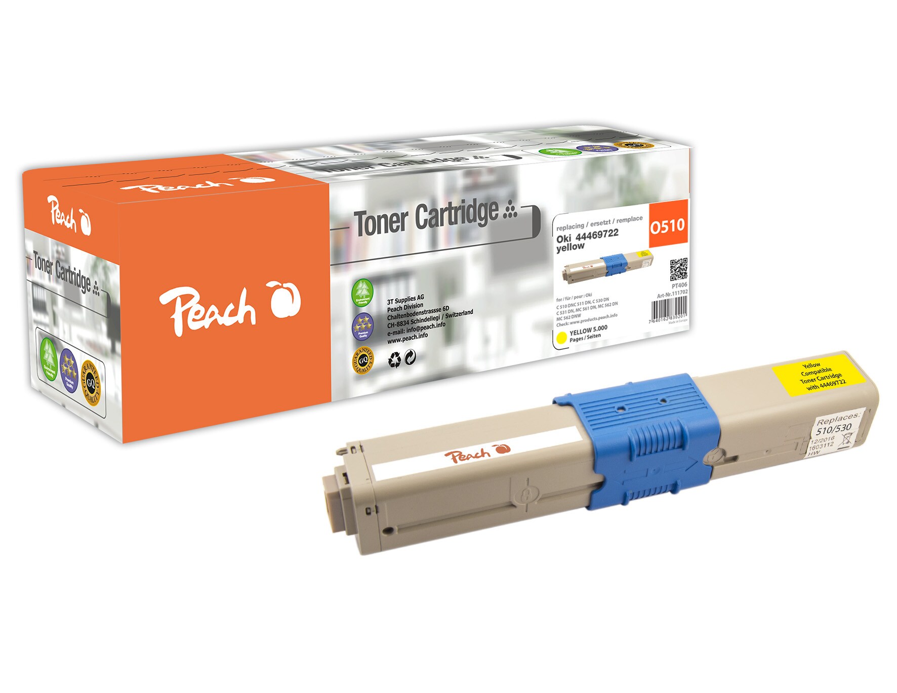 Peach O4446/4449 Toner XL ye ersetzt OKI 44469722 f&uuml;r z.B. OKI C 511 DN, OKI C 510 DN, OKI C 530 DN, OKI C 531 DN, OKI MC 561 DN, OKI MC 562 DN (wiederaufbereitet) - Bild 1