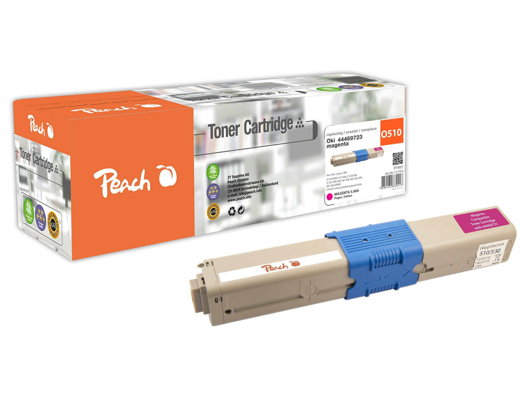 Peach O4446/4449 Toner XL ma ersetzt OKI 44469723 f&uuml;r z.B. OKI C 511 DN, OKI C 510 DN, OKI C 530 DN, OKI C 531 DN, OKI MC 561 DN, OKI MC 562 DN (wiederaufbereitet) - Bild 1