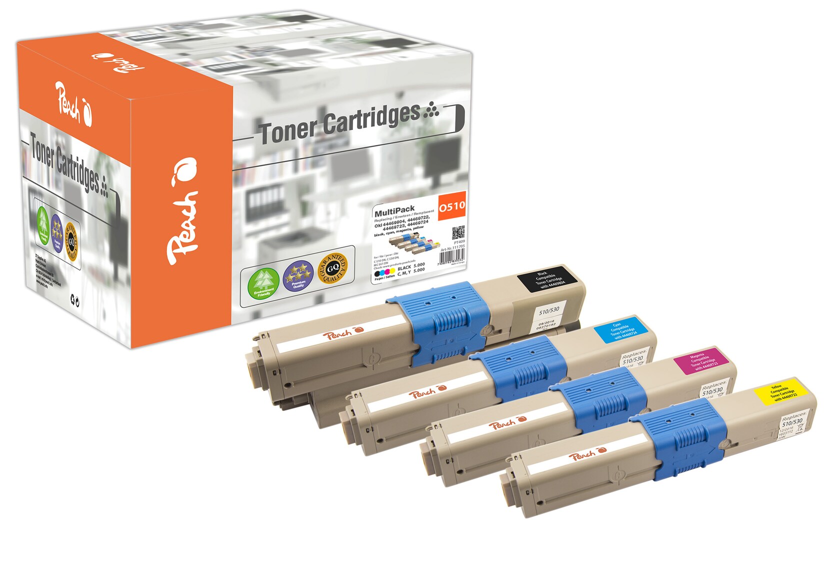 Peach O4446/4449 4 Toner XL (bk, c/m/y) ersetzt OKI 44469722-9804 für z.B. OKI C 510 DN, OKI C 530 DN, OKI MC 561 DN (wiederaufbereitet)