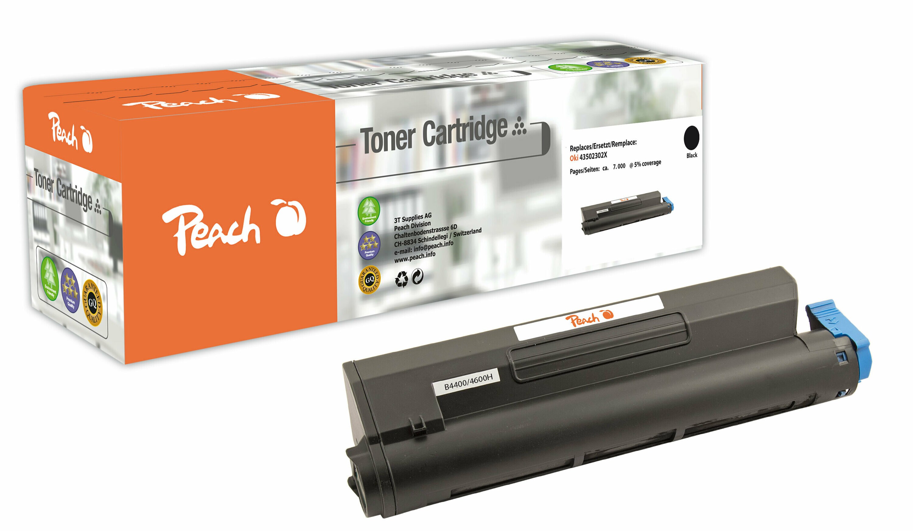 Peach O4350  Toner XL bk ersetzt OKI 43502302X f&uuml;r z.B. OKI B 4400, OKI B 4400 N, OKI B 4600, OKI B 4600 N, OKI B 4600 NPS, OKI B 4600 PS (wiederaufbereitet) - Bild 1