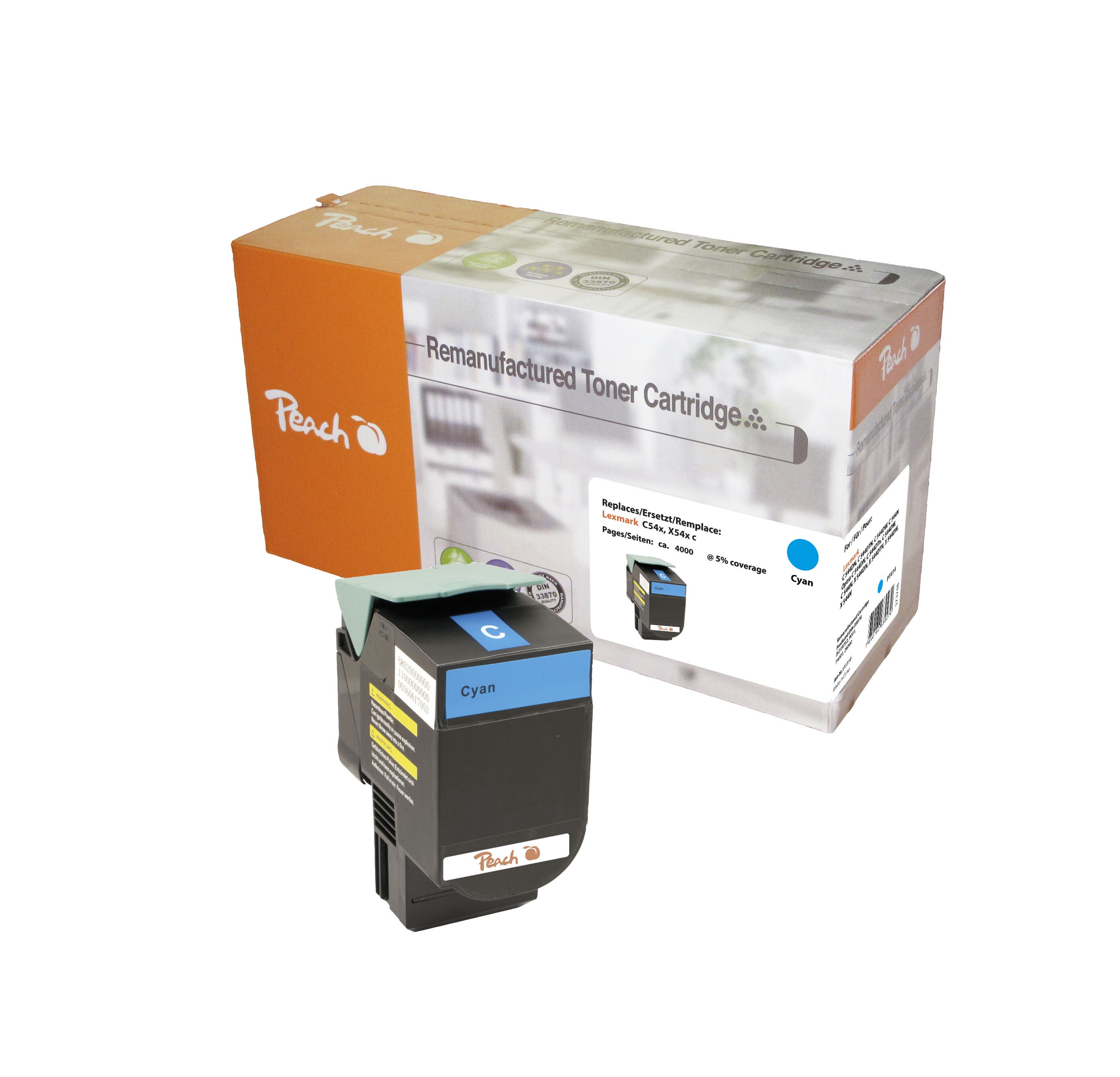 Peach L54  Toner XL cy ersetzt Lexmark C544X2CG f&uuml;r z.B. Lexmark C 544 DN, Lexmark C 544 DTN, Lexmark C 544 DW, Lexmark C 544 N, Lexmark X 544 DN (wiederaufbereitet) - Bild 1