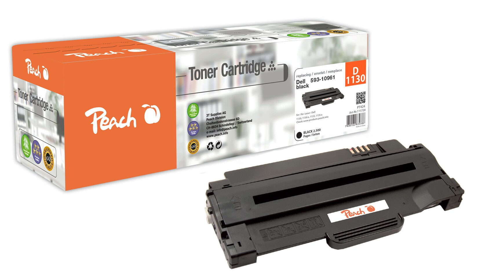 Peach D1130 Toner bk ersetzt Dell 1130XLBK, 7H53W, 593-10961 für z.B. Dell 1130, Dell 1130 n, Dell 1133, Dell 1135 n (wiederaufbereitet)