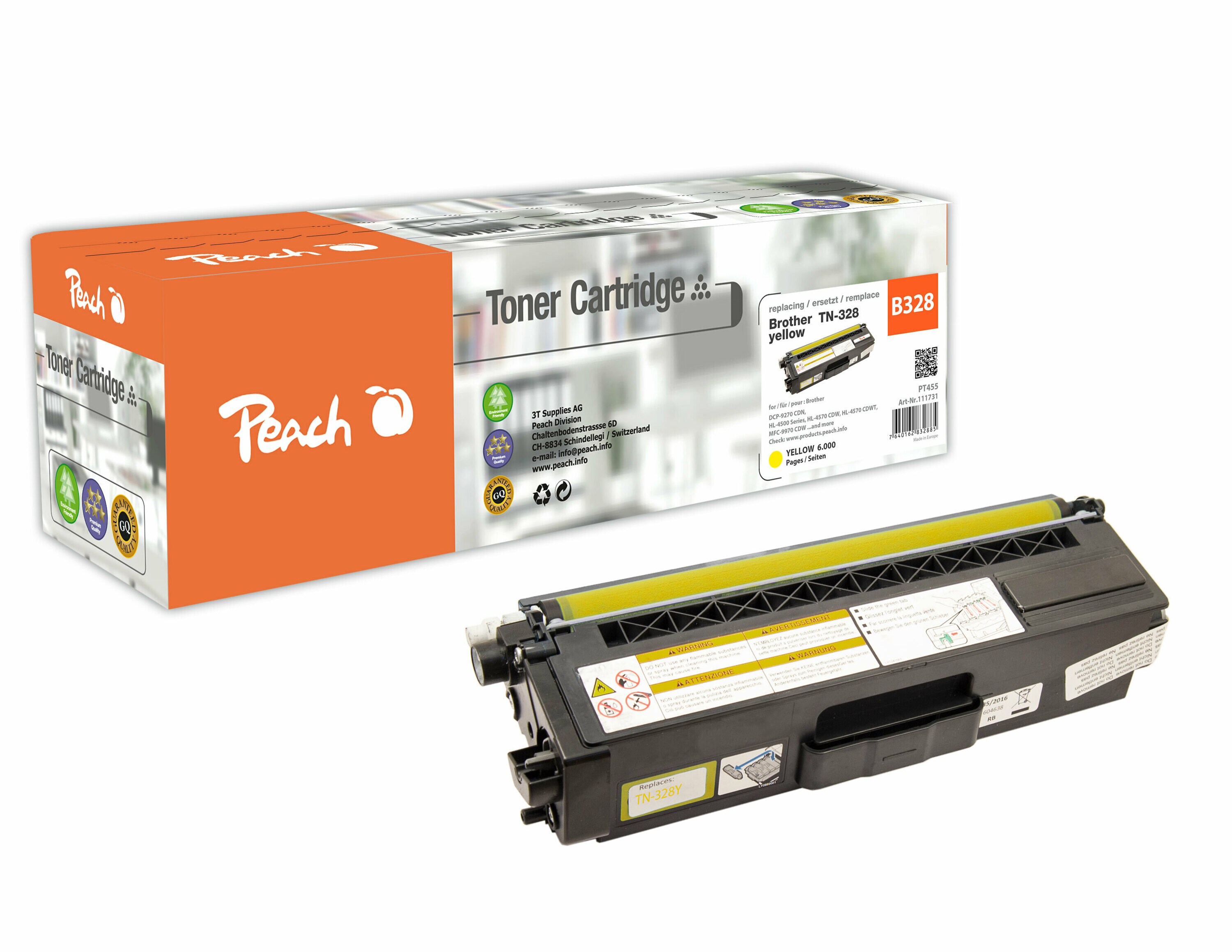 Peach B328 Y Toner XL ye ersetzt Brother TN-328Y f&uuml;r z.B. Brother DCP -9270 CDN, Brother HL -4500, Brother HL -4570 CDW, Brother HL -4570 CDWT (wiederaufbereitet) - Bild 1