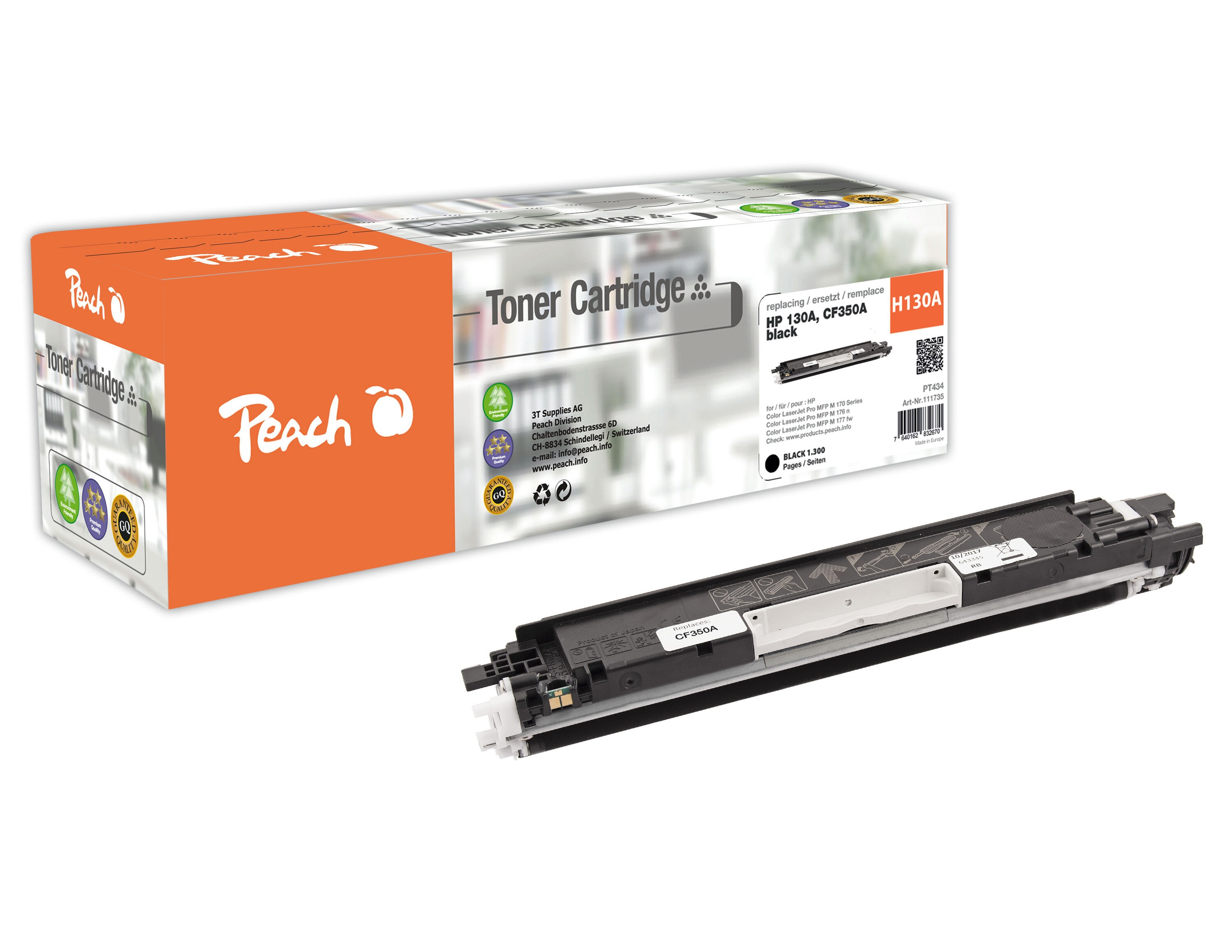 Peach HP 130 ABK Toner bk ersetzt HP No. 130A BK, CF350A f&uuml;r z.B. HP Color LaserJet Pro MFP M 177 fw, HP Color LaserJet Pro MFP M 170 (wiederaufbereitet) - Bild 1
