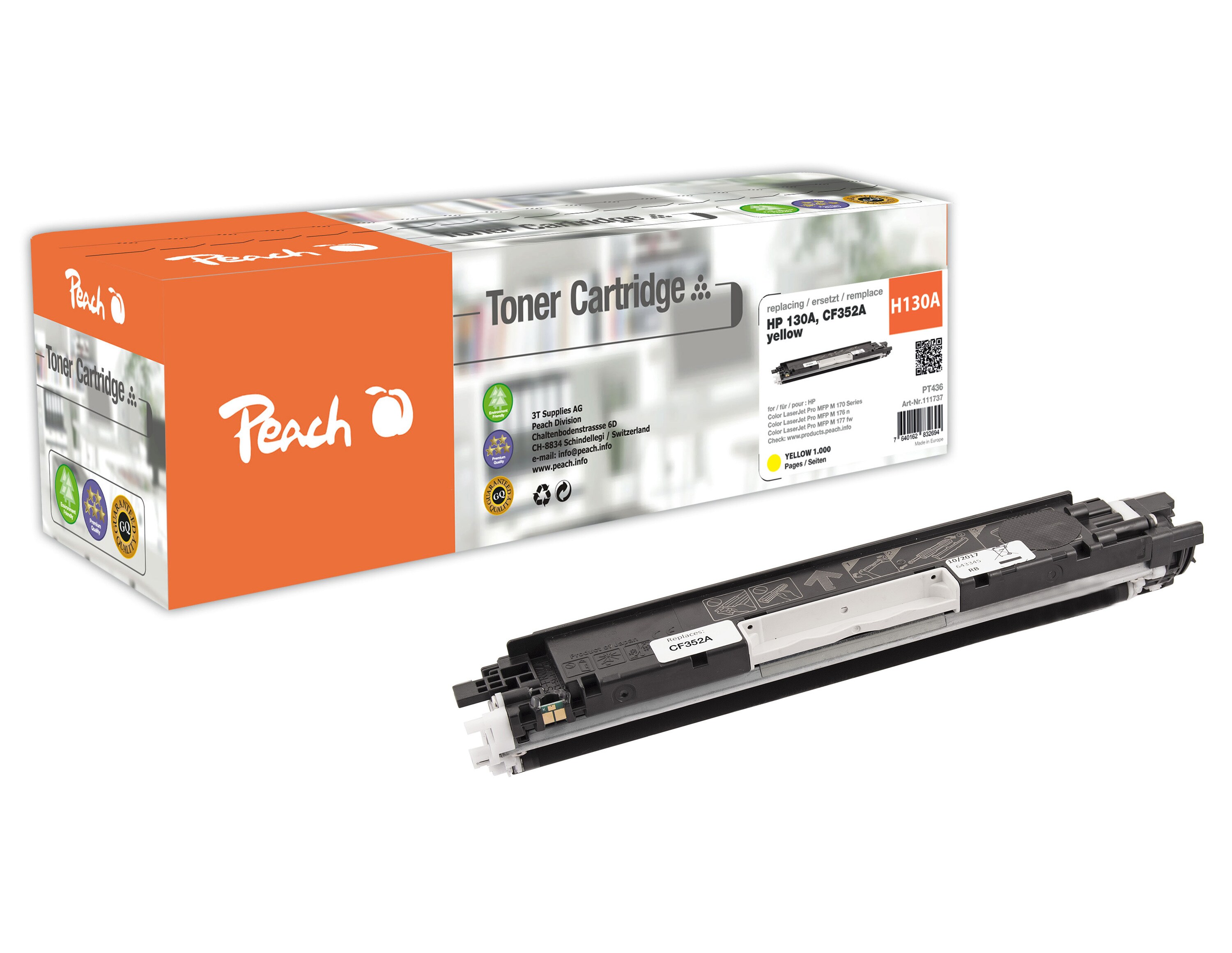 Peach HP 130 AY Toner ye ersetzt HP No. 130A Y, CF352A f&uuml;r z.B. HP Color LaserJet Pro MFP M 177 fw, HP Color LaserJet Pro MFP M 170 (wiederaufbereitet) - Bild 1