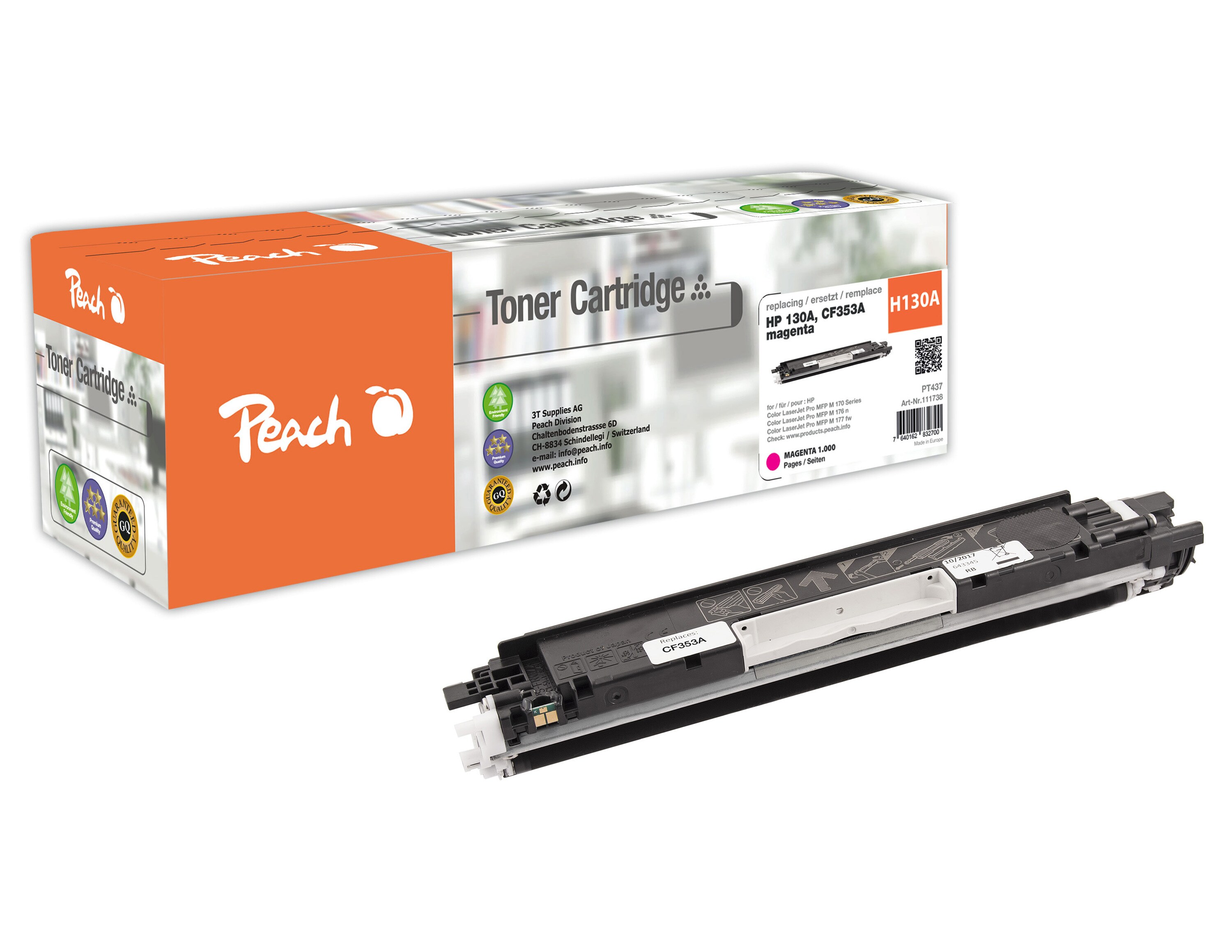 Peach HP 130 AM Toner ma ersetzt HP No. 130A M, CF353A f&uuml;r z.B. HP Color LaserJet Pro MFP M 177 fw, HP Color LaserJet Pro MFP M 170 (wiederaufbereitet) - Bild 1