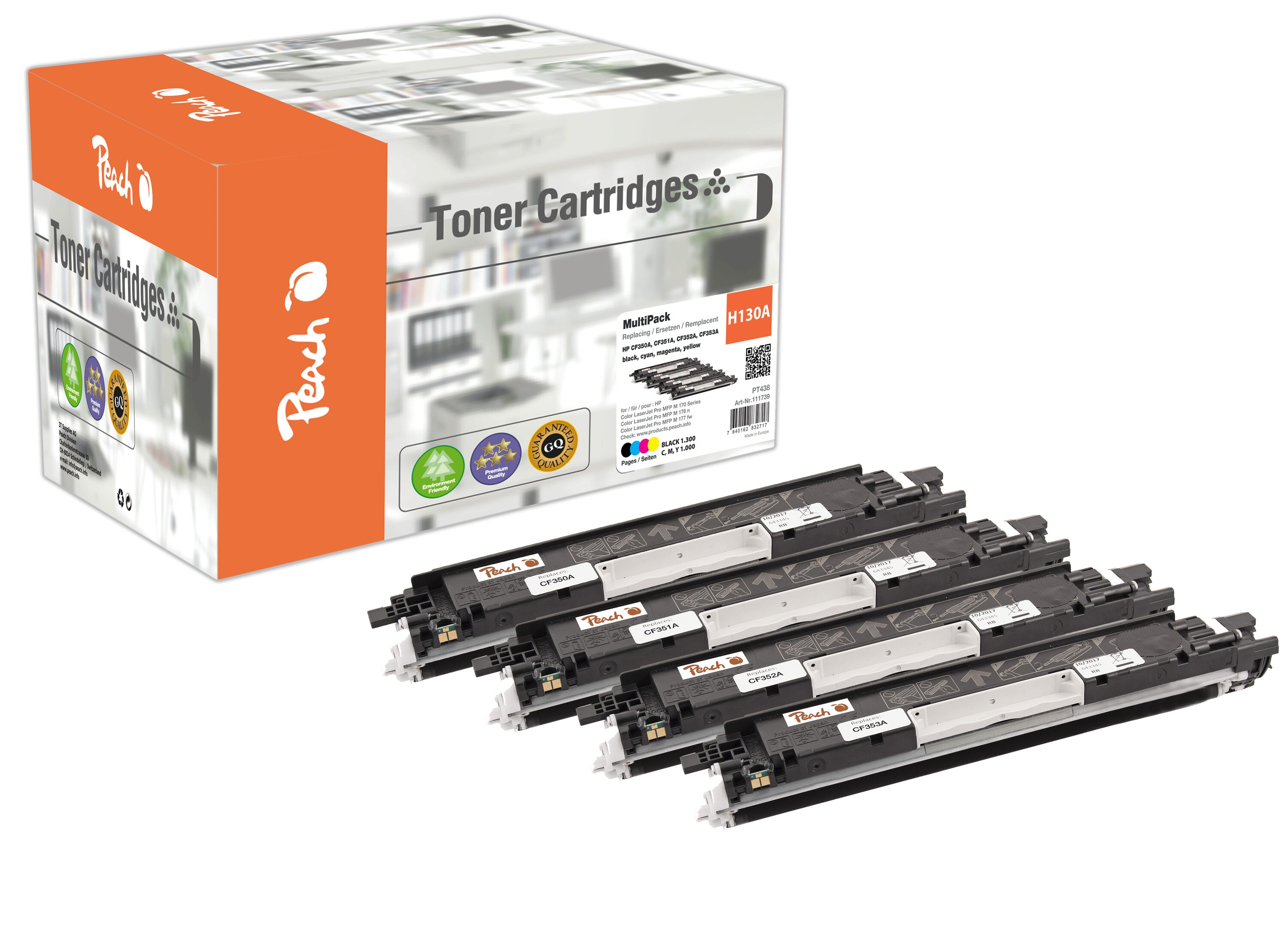 Peach HP 130 A 4 Toner (bk, c/m/y) ersetzt HP No. 130A , CF350A, CF351A, CF352A, CF353A f&uuml;r z.B. HP Color LaserJet Pro MFP M 177 fw (wiederaufbereitet) - Bild 1