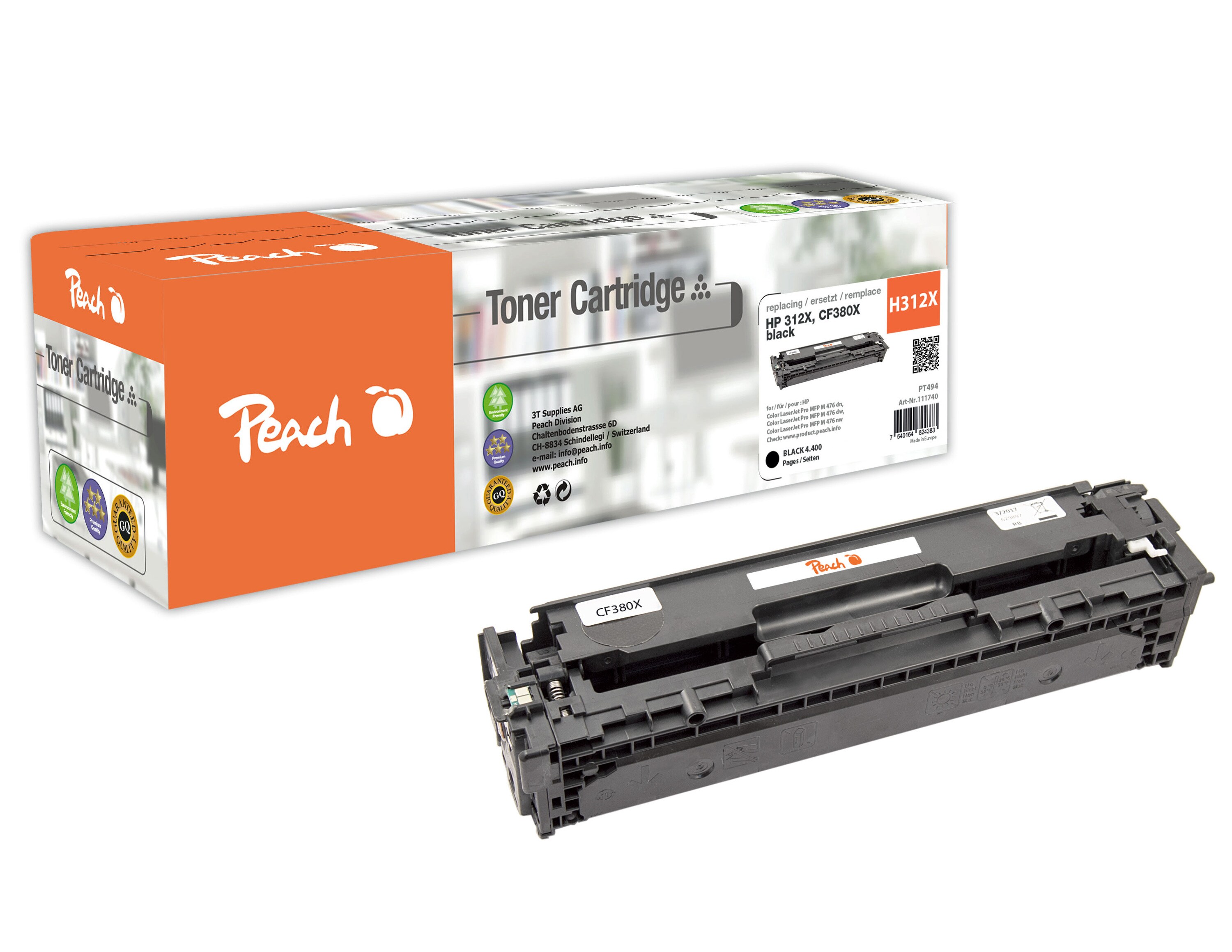 Peach HP 312 XBK Toner XL bk ersetzt HP No. 312X BK, CF380X f&uuml;r z.B. HP Color LaserJet Pro MFP M 476 dn, HP Color LaserJet Pro MFP M 476 dw (wiederaufbereitet) - Bild 1