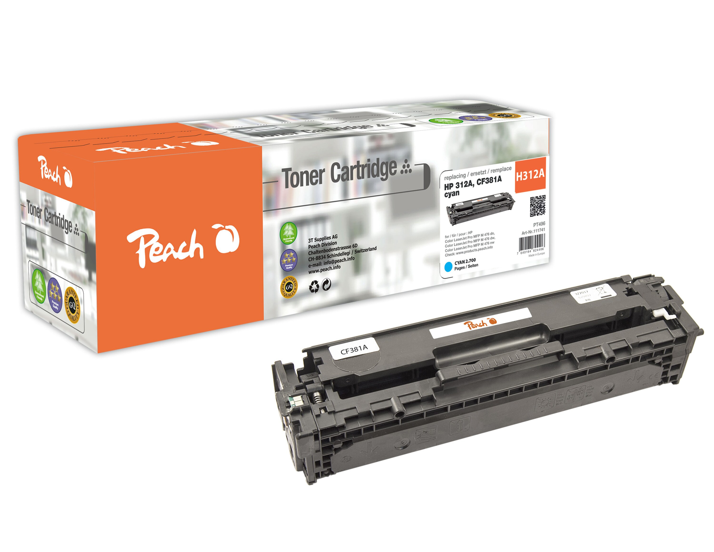 Peach HP 312 AC Toner cy ersetzt HP No. 312A C, CF381A f&uuml;r z.B. HP Color LaserJet Pro MFP M 476 dn, HP Color LaserJet Pro MFP M 476 dw (wiederaufbereitet) - Bild 1