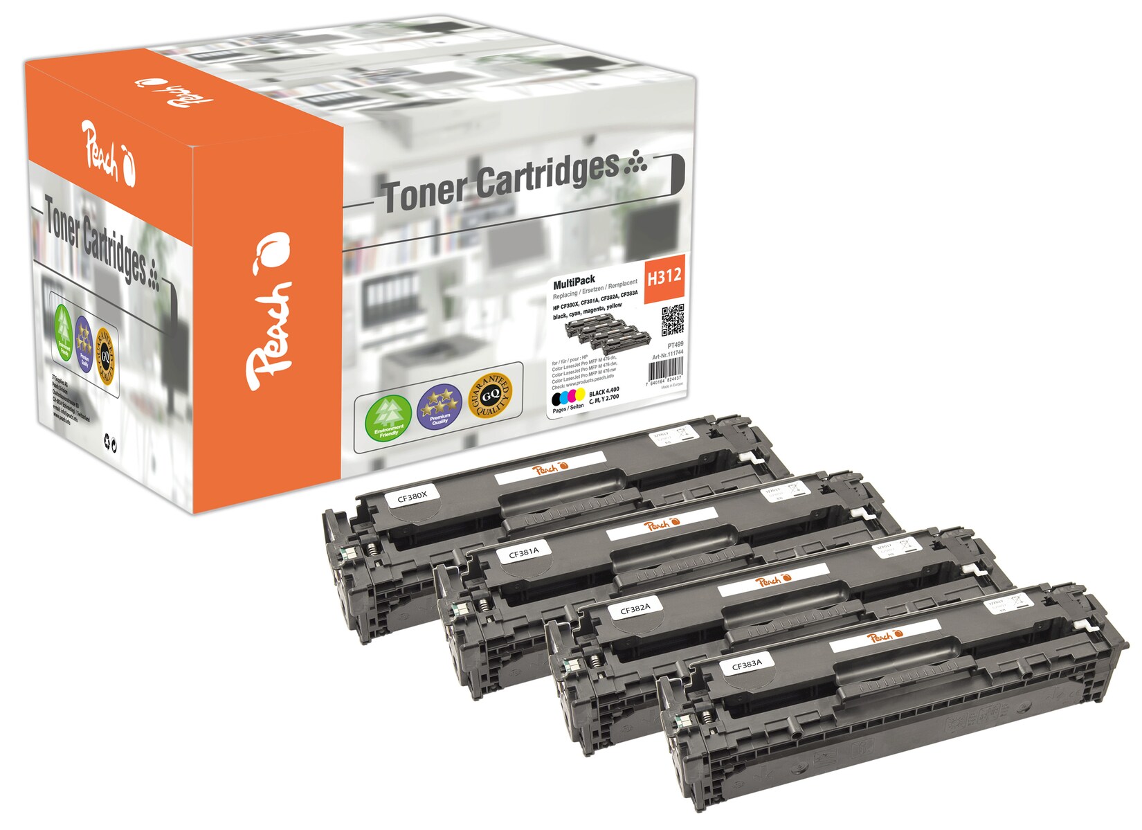 Peach HP 312 X 4 Toner XL (bk, c/m/y) ersetzt HP No. 312X, CF380X, CF381A, CF382A, CF383A für z.B. HP Color LaserJet Pro MFP M 476 dn (wiederaufbereitet)