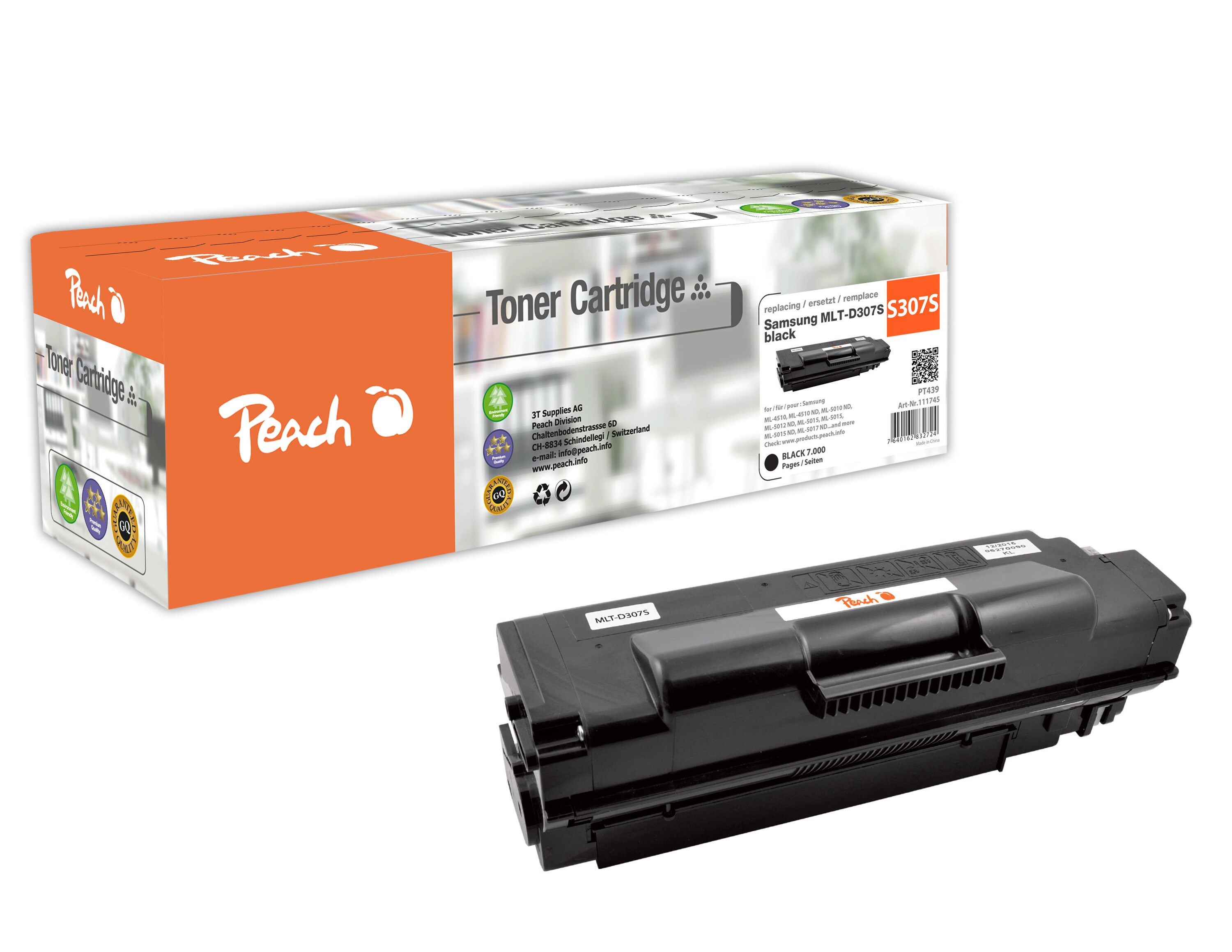 Peach S307  Toner bk ersetzt Samsung MLT-D307S/ELS, SV074A f&uuml;r z.B. Samsung ML -4510, Samsung ML -4510 ND, Samsung ML -4512 ND, Samsung ML -5010 (wiederaufbereitet) - Bild 1