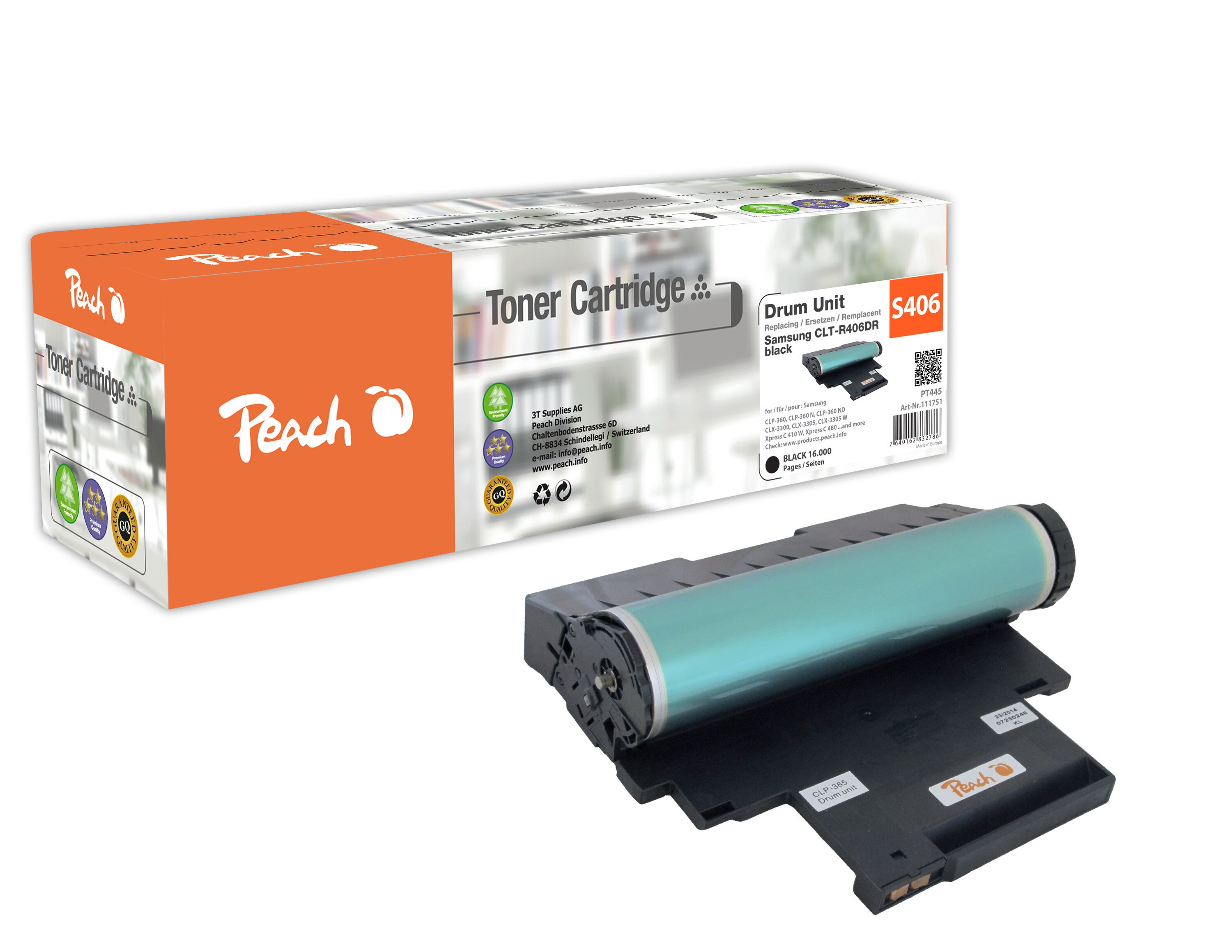 Peach S406  Trommeleinheit ersetzt Samsung CLT-R406/SEE, SU403A f&uuml;r z.B. Samsung CLP -360, Samsung CLP -360 N, Samsung CLP -360 ND, Samsung CLP -365 (wiederaufbereitet) - Bild 1