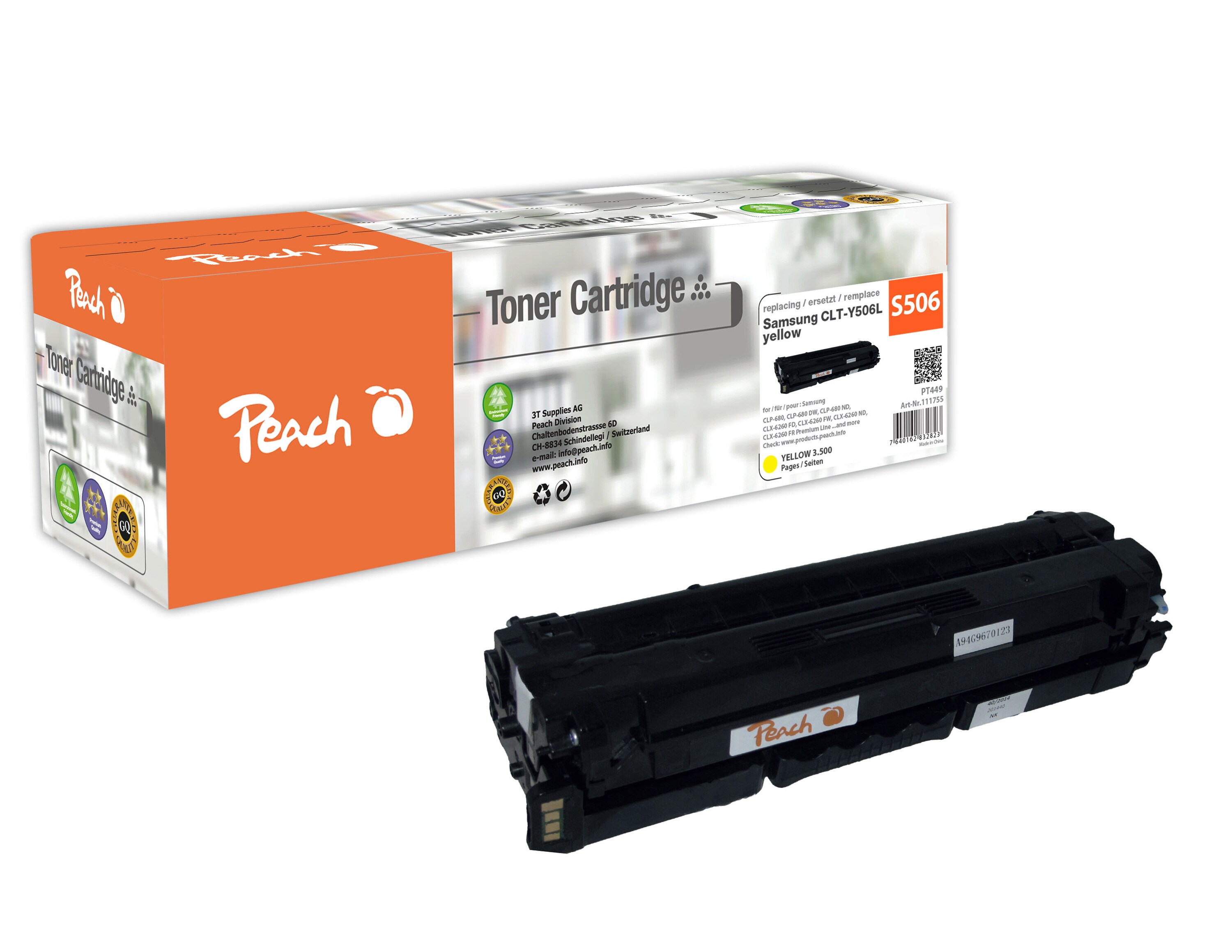 Peach S506  Toner XL ye ersetzt Samsung CLT-Y506L/ELS, SU515A f&uuml;r z.B. Samsung CLP -680, Samsung CLP -680 DW, Samsung CLP -680 ND (wiederaufbereitet) - Bild 1