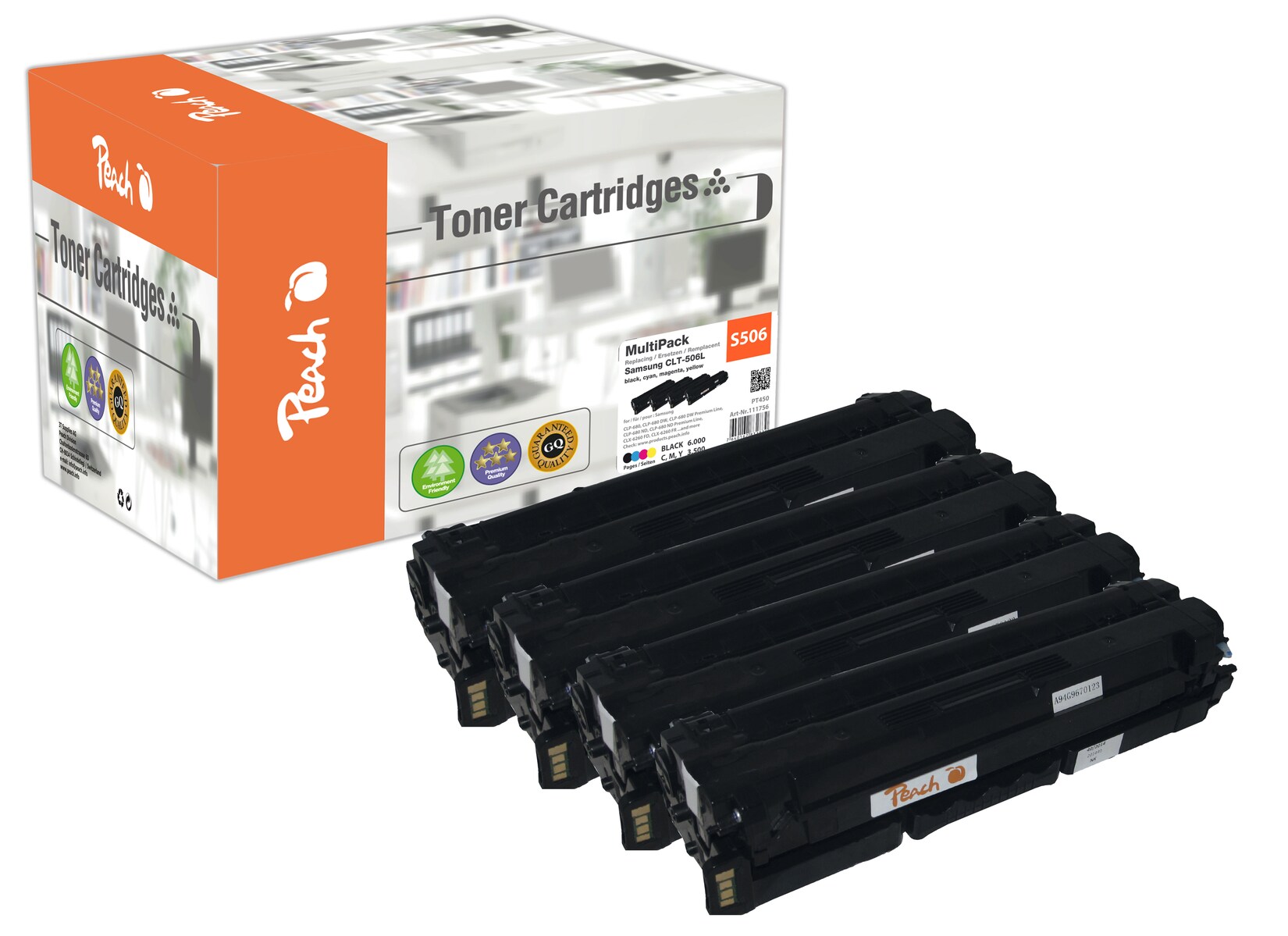 Peach S506 4 Toner XL (bk, c/m/y) ersetzt Samsung CLT-506L für z.B. Samsung CLP -680, Samsung CLP -680 DW, Samsung CLP -680 ND (wiederaufbereitet)