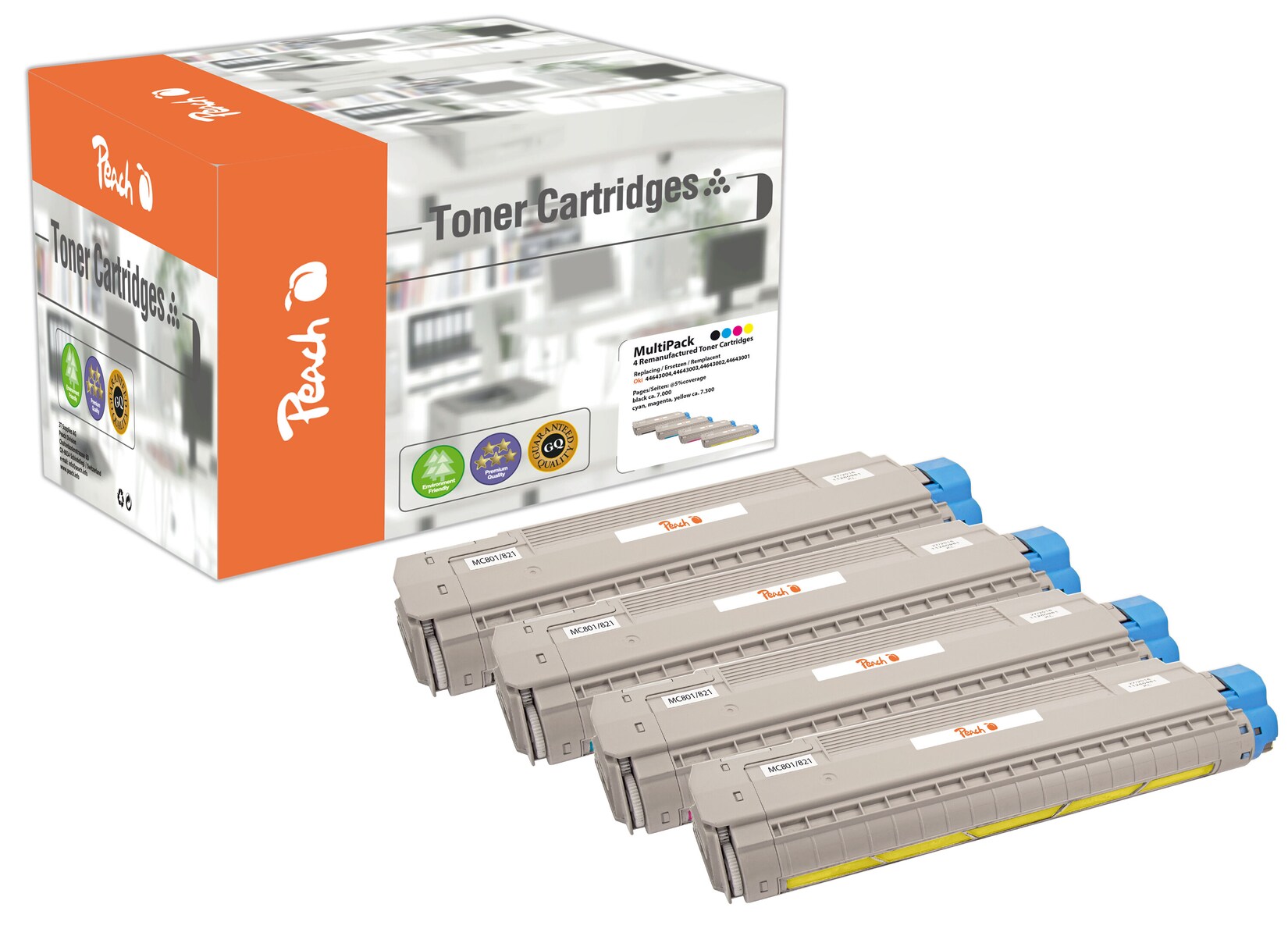 Peach O4464-3001-4 4 Toner (bk, c/m/y) ersetzt OKI No. 4464-3001-4 , 44643001-3004 für z.B. OKI C 800, OKI C 801 DN, OKI C 801 N, OKI C 821 DN (wiederaufbereitet)