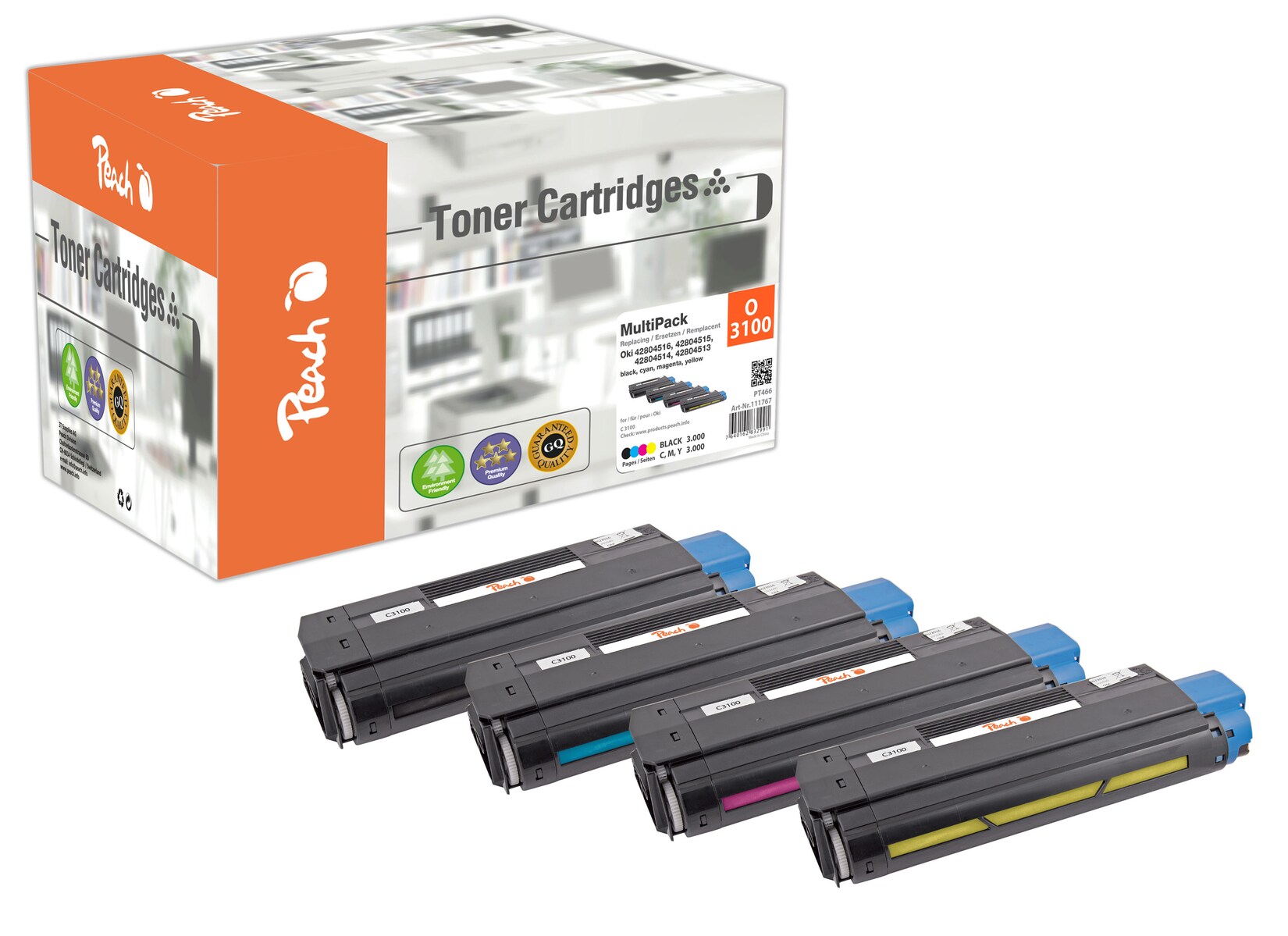 Peach O4280 4 Toner (bk, c/m/y) ersetzt OKI 42804513-6 für z.B. OKI C 3100 (wiederaufbereitet)