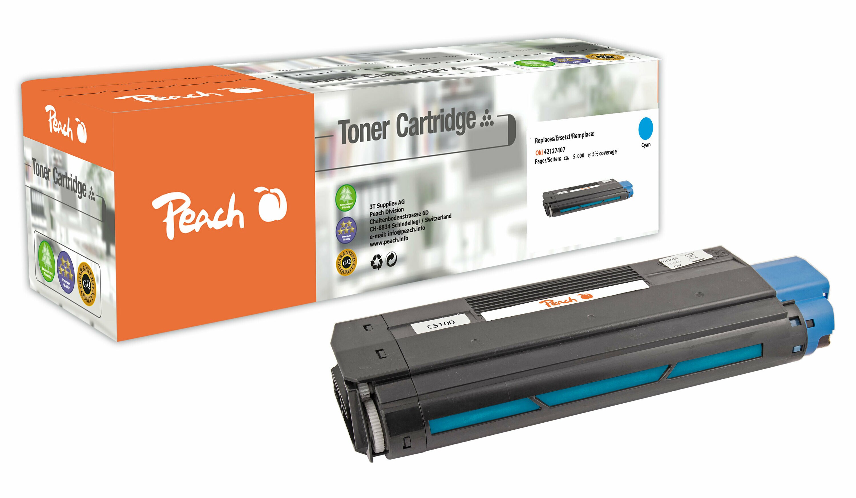 Peach O4212-7407C Toner cy ersetzt OKI No. 4212-7407C, 42127407 f&uuml;r z.B. OKI C 5100, OKI C 5100 N, OKI C 5150 N, OKI C 5200, OKI C 5200 N (wiederaufbereitet) - Bild 1