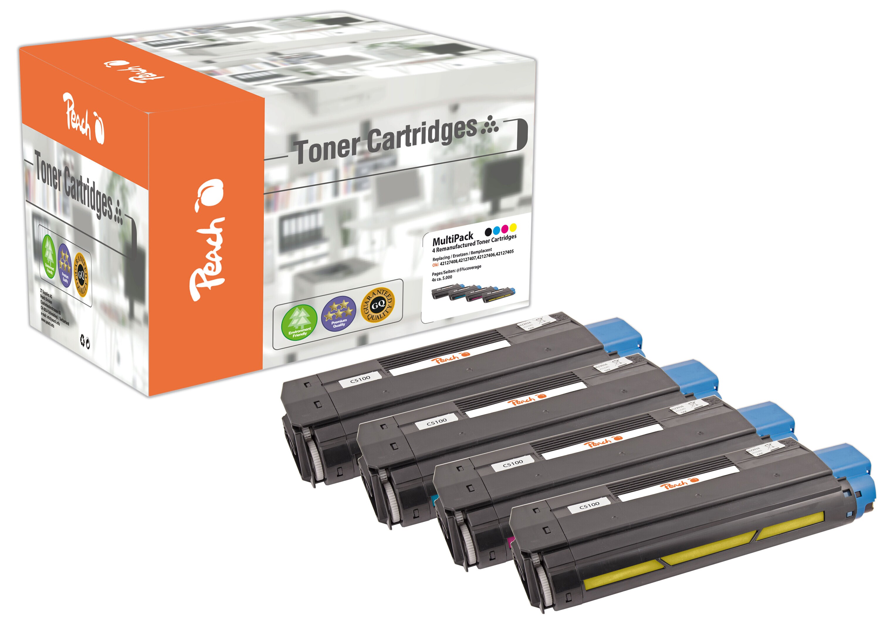 Peach O4212-7405-8 4 Toner (bk, c/m/y) ersetzt OKI No. 4212-7405-8 , 42127405-7408 f&uuml;r z.B. OKI C 5100, OKI C 5100 N, OKI C 5150 N, OKI C 5200 (wiederaufbereitet) - Bild 1