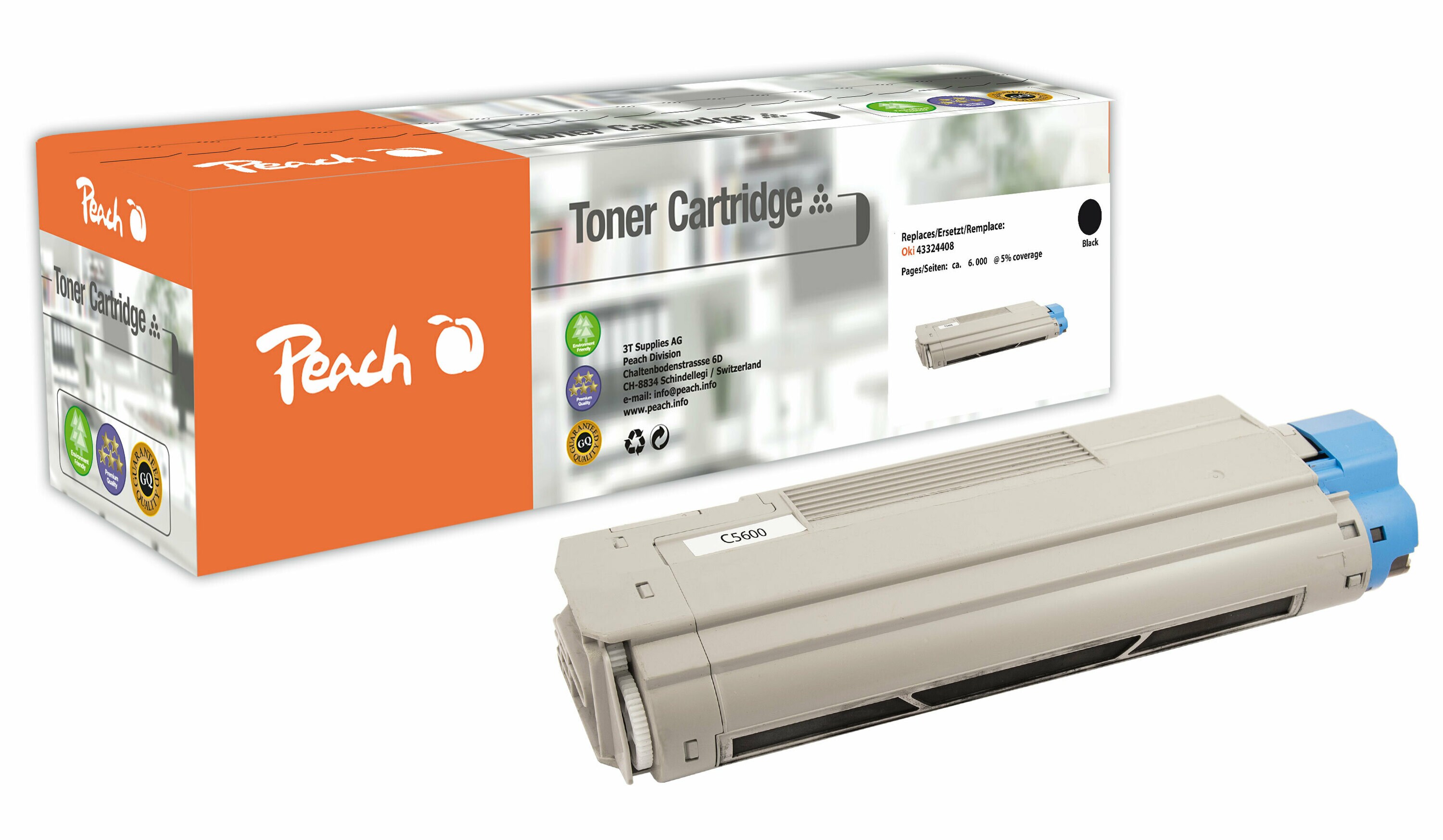 Peach O4332/36/38 Toner bk ersetzt OKI 43324408 f&uuml;r z.B. OKI C 5600, OKI C 5600 DN, OKI C 5600 N, OKI C 5700, OKI C 5700 DN, OKI C 5700 N (wiederaufbereitet) - Bild 1