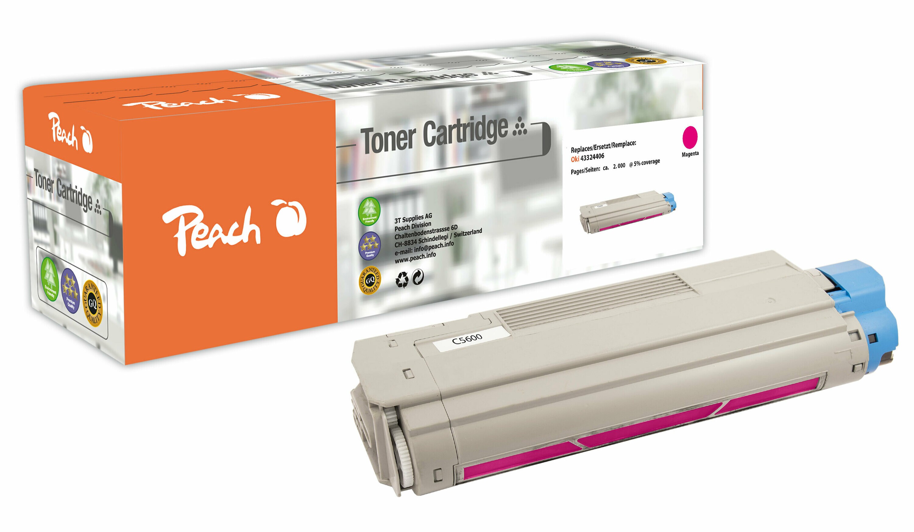 Peach O4332/36/38 Toner ma ersetzt OKI 43381906 f&uuml;r z.B. OKI C 5600, OKI C 5600 DN, OKI C 5600 N, OKI C 5700, OKI C 5700 DN, OKI C 5700 N (wiederaufbereitet) - Bild 1