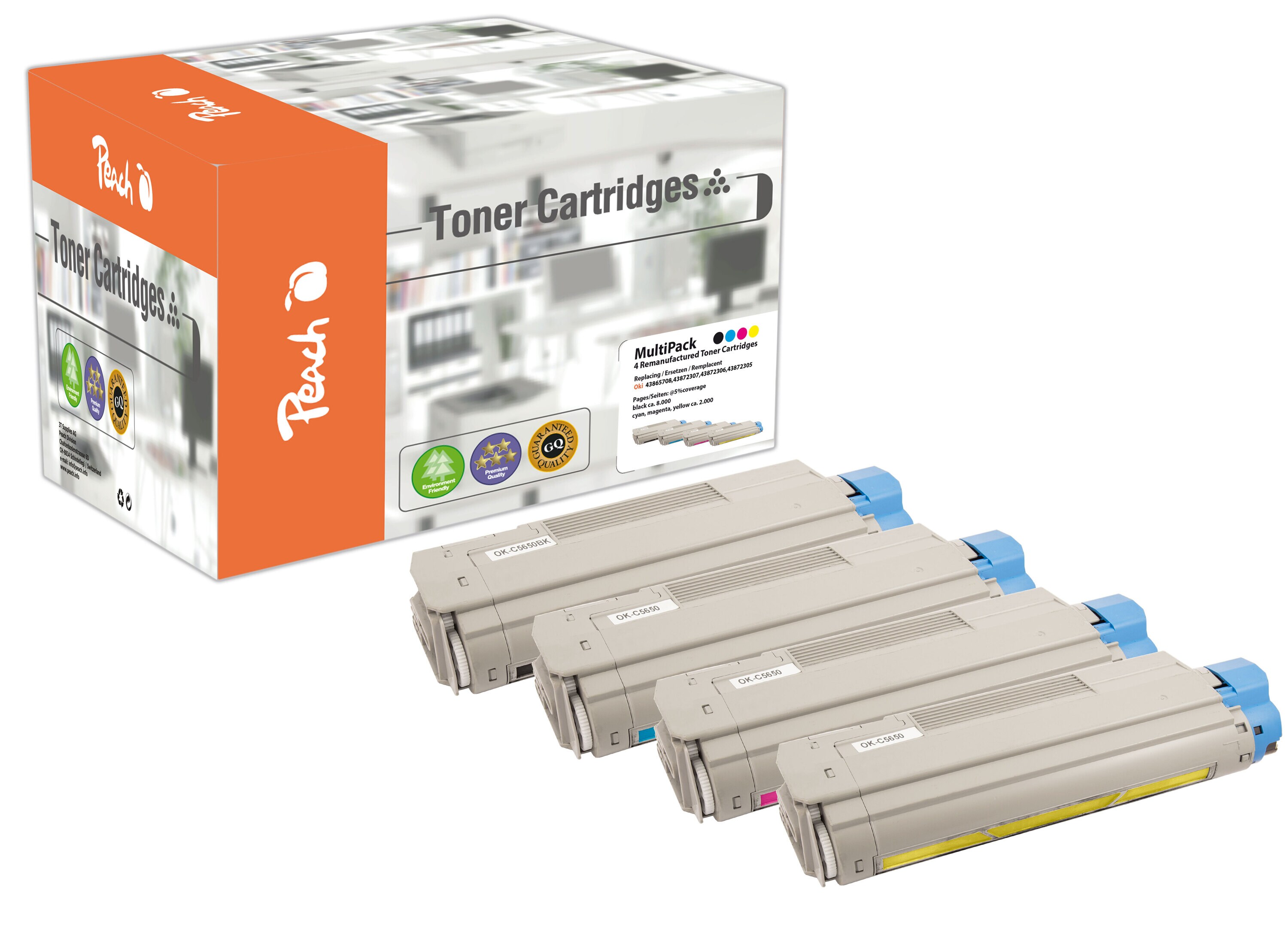 Peach O4386/87/36/85 4 Toner (bk, c/m/y) ersetzt OKI 43865708-43872305-7 f&uuml;r z.B. OKI C 5650, OKI C 5650 DN, OKI C 5650 N, OKI C 5750 (wiederaufbereitet) - Bild 1
