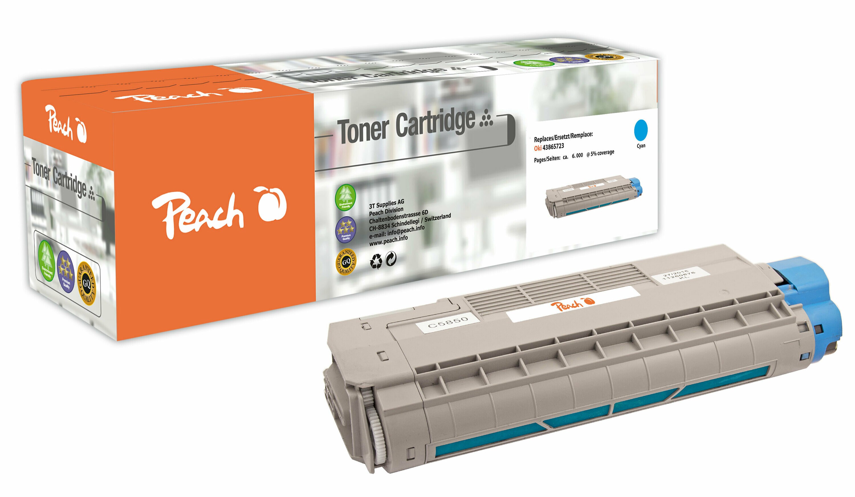 Peach O4386/87/36/85 Toner cy ersetzt OKI 43865723 f&uuml;r z.B. OKI C 5850, OKI C 5850 DN, OKI C 5850 N, OKI C 5950, OKI C 5950 CDTN, OKI C 5950 DN (wiederaufbereitet) - Bild 1