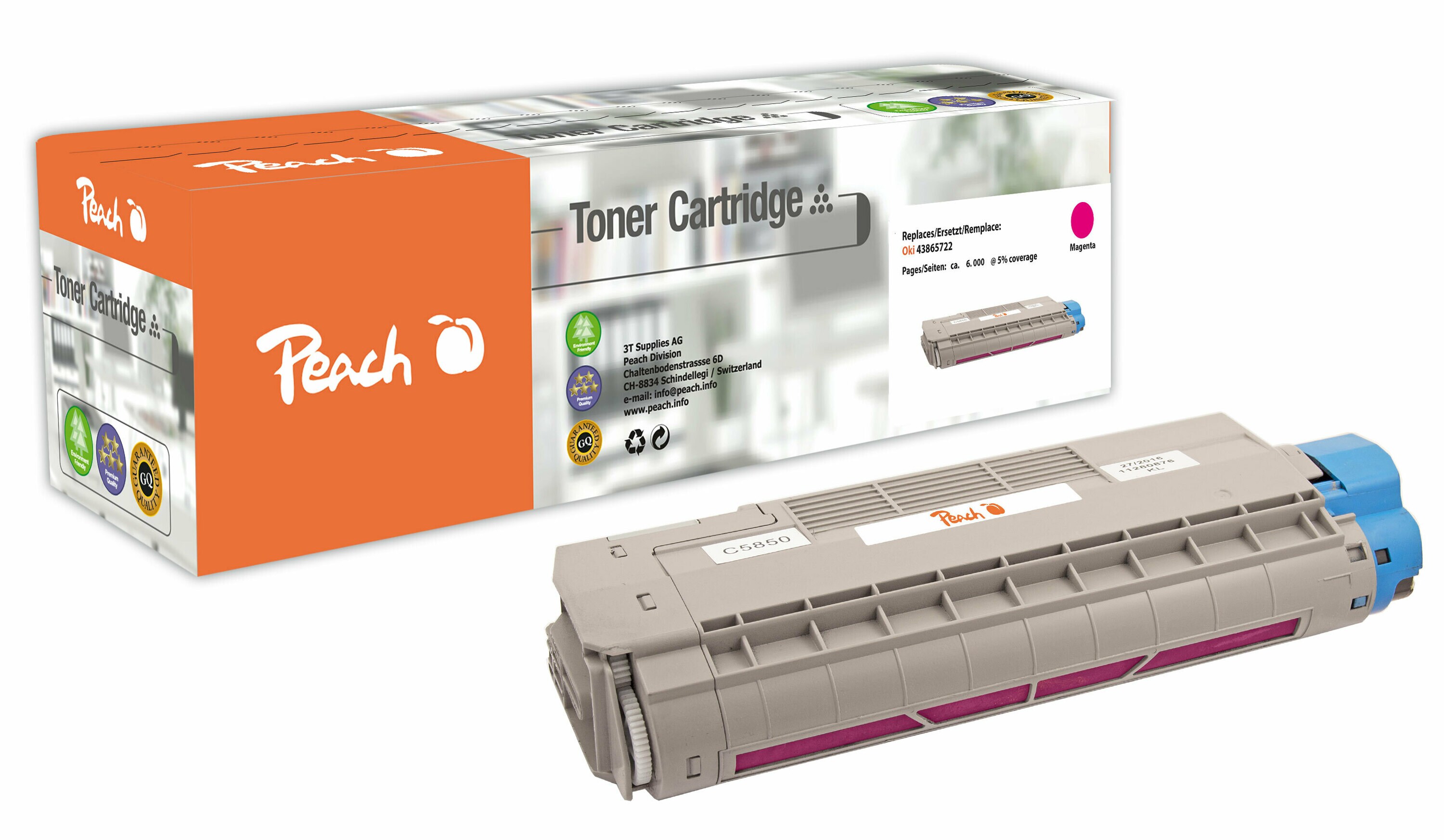 Peach O4386/87/36/85 Toner ma ersetzt OKI 43865722 f&uuml;r z.B. OKI C 5850, OKI C 5850 DN, OKI C 5850 N, OKI C 5950, OKI C 5950 CDTN, OKI C 5950 DN (wiederaufbereitet) - Bild 1