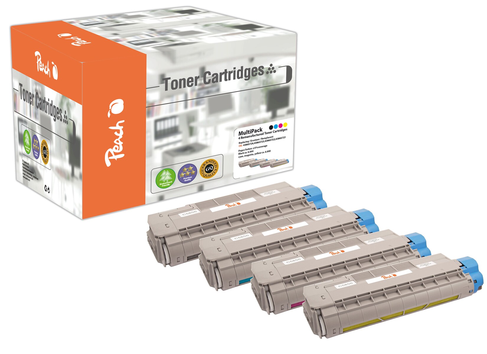 Peach O4386/87/36/85 4 Toner (bk, c/m/y) ersetzt OKI 43865721-24 für z.B. OKI C 5850, OKI C 5850 DN, OKI C 5850 N, OKI C 5950, OKI C 5950 CDTN (wiederaufbereitet)