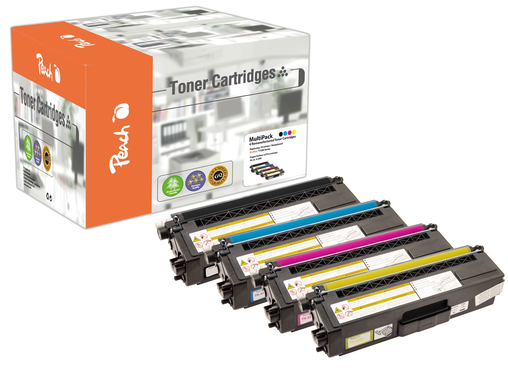 Peach B328 4 Toner XL (bk, c/m/y) ersetzt Brother TN-328 für z.B. Brother DCP -9270 CDN, Brother HL -4500, Brother HL -4570 CDW (wiederaufbereitet)